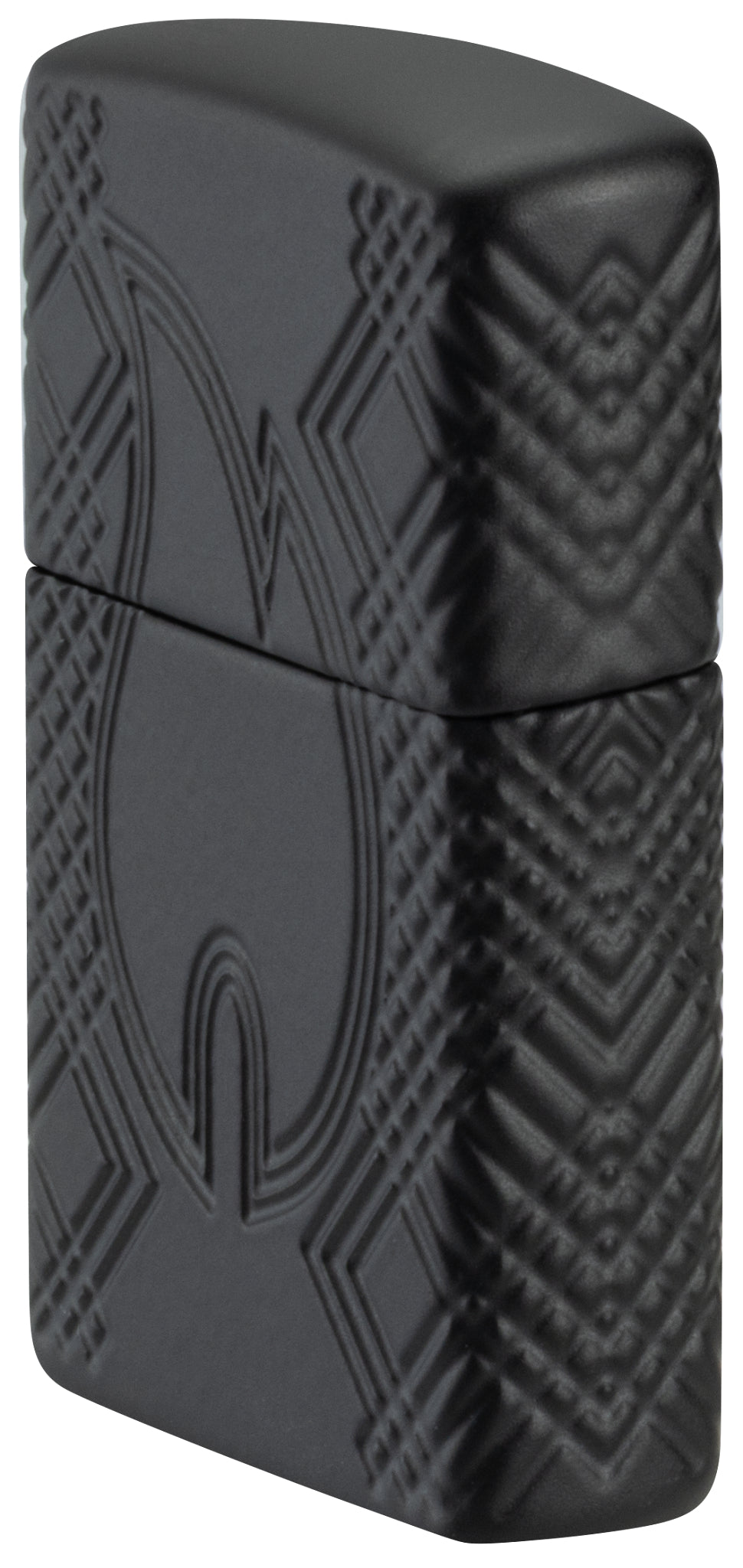 Angled shot of  Zippo Rivet Flame Armor® Black Matte Windproof Lighter showing the front and right sides of the lighter.