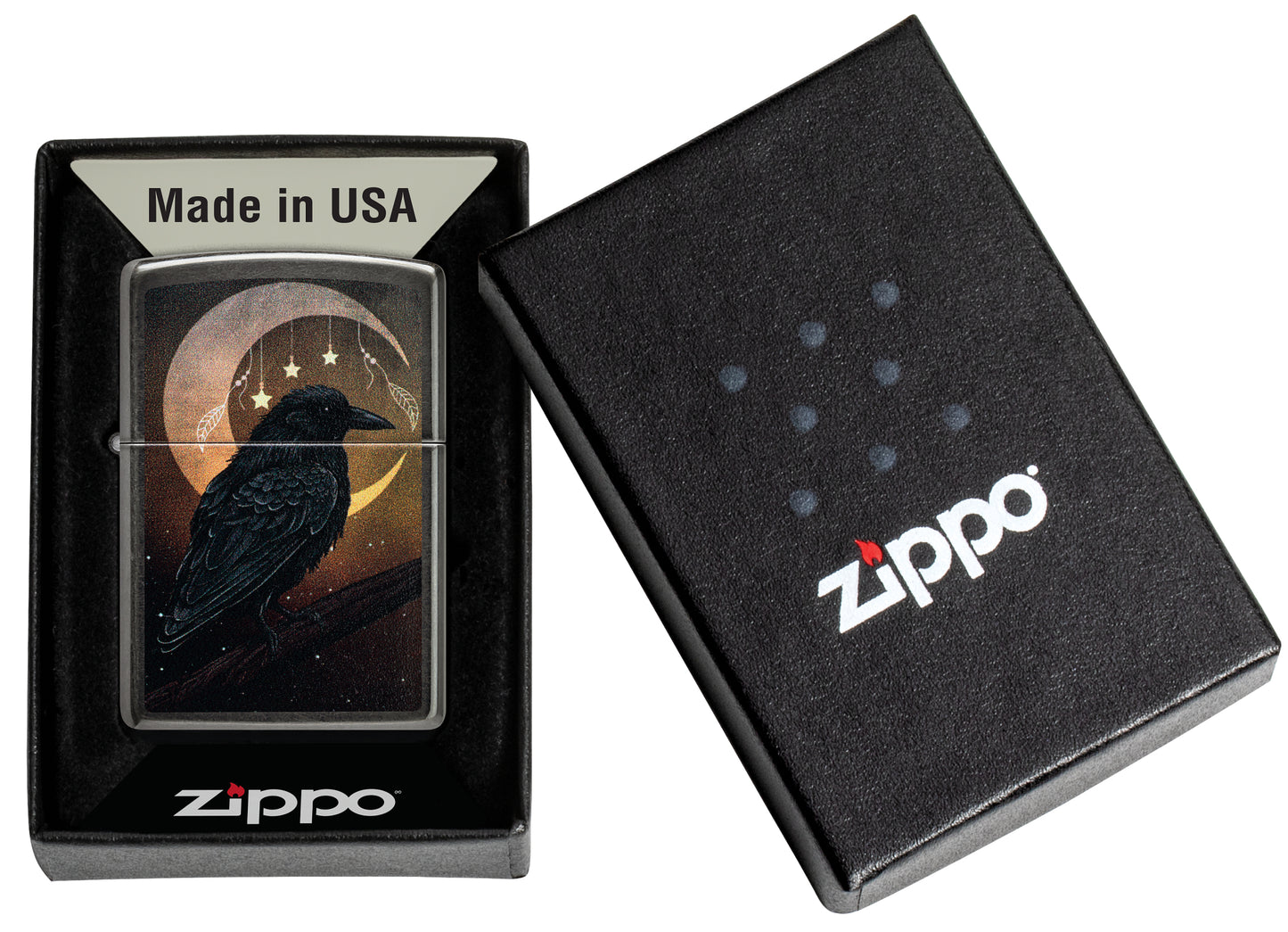 Zippo Raven Moon Design Grey Windproof Lighter in its packaging.
