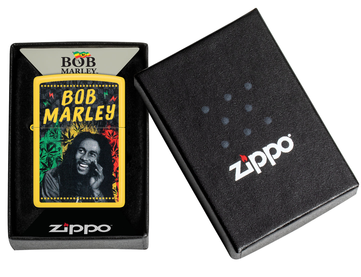 Zippo Bob Marley Sunshine Design Classic Sunflower Windproof Lighter in its packaging.