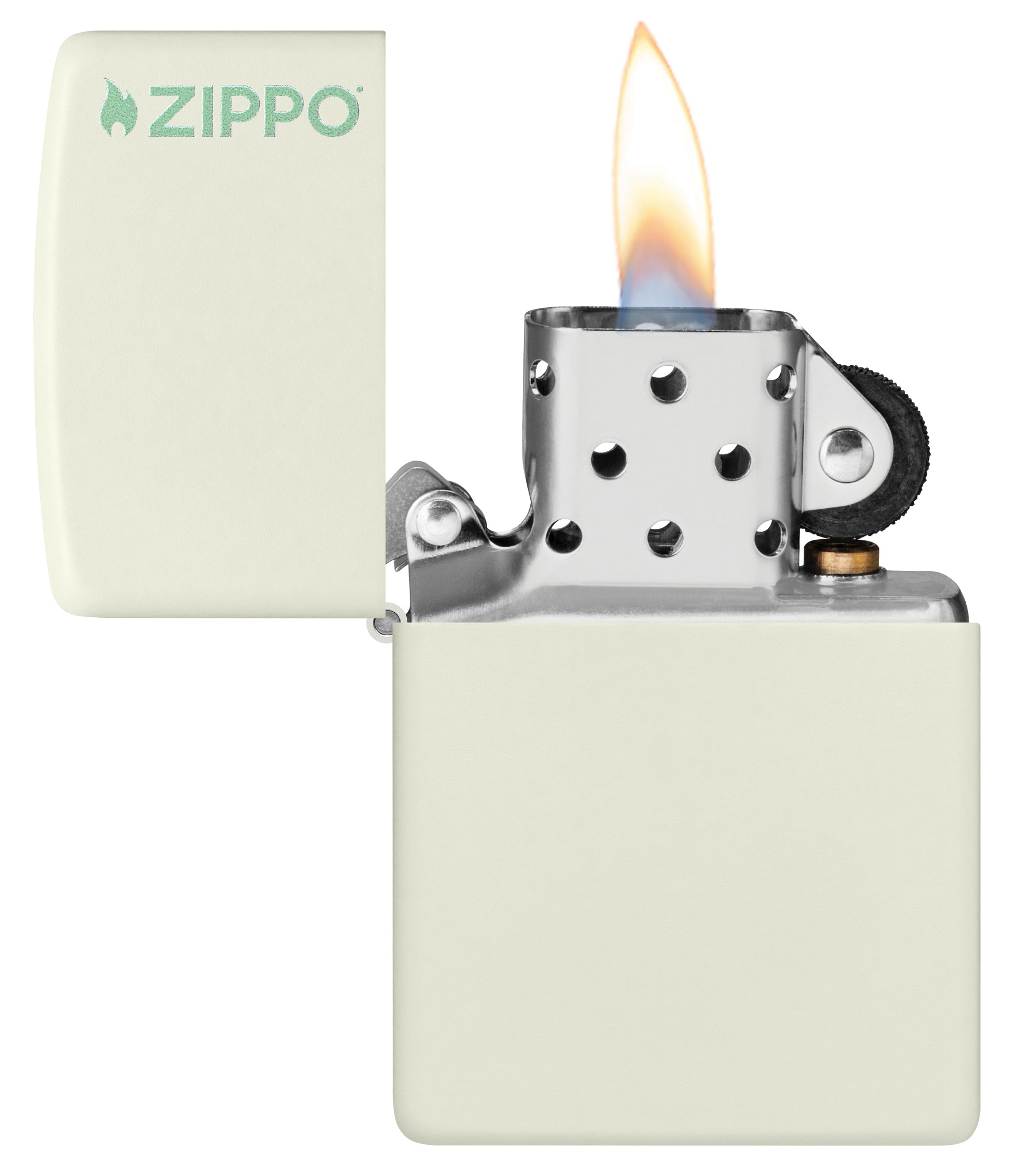 Classic Glow In The Dark Zippo Logo Windproof Lighter with its lid open and lit.