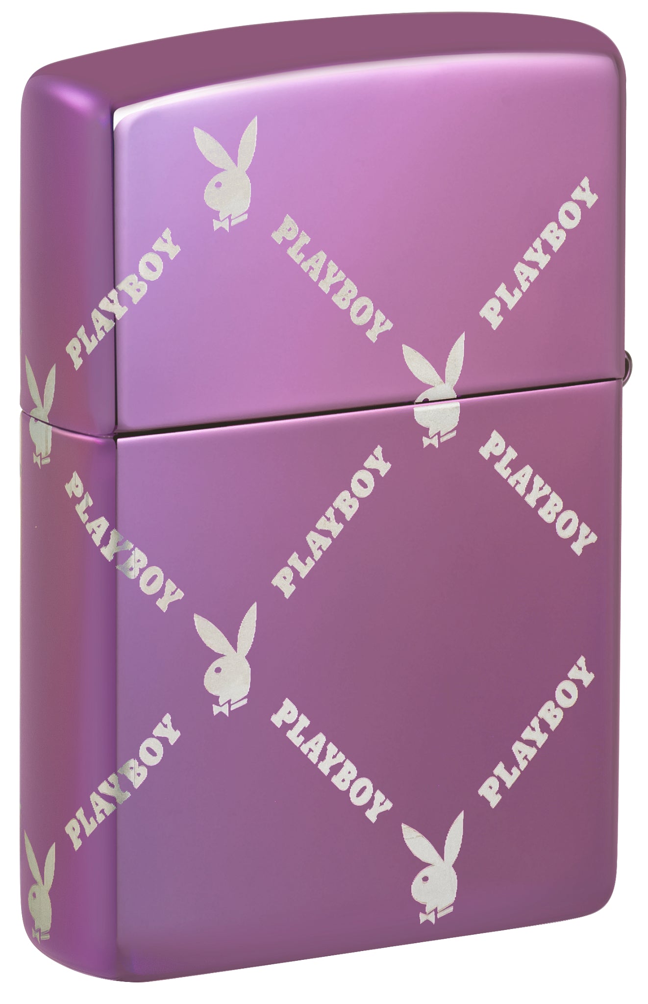 Back view of Zippo Playboy Argyle Design High Polish Purple Windproof Lighter standing at a 3/4 angle.
