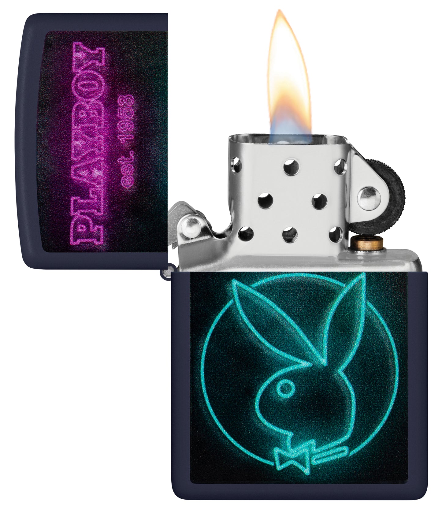 Zippo Playboy Neon Design Navy Matte Windproof Lighter with its lid open and lit.