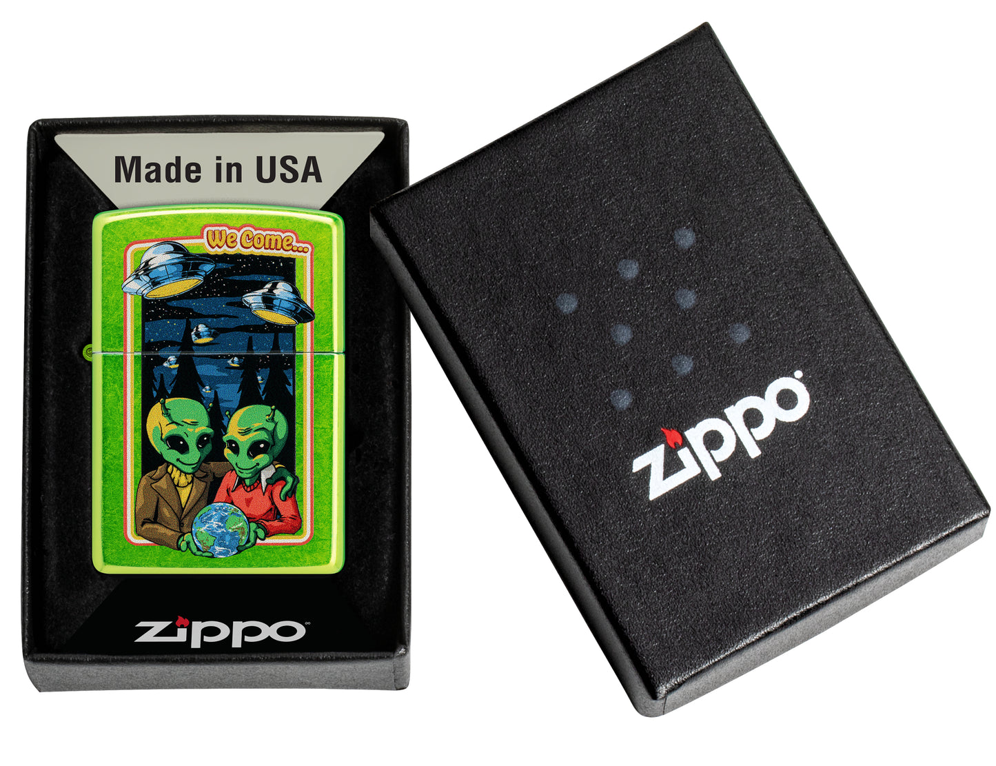 Zippo Take Me To Your Feeder Design Classic Lurid Windproof Lighter in its packaging.