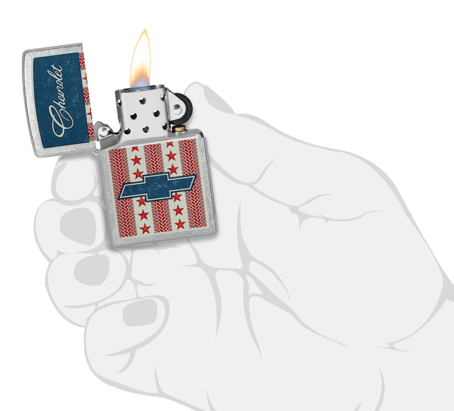 Zippo Chevrolet® Stars and Stripes Design Street Chrome Windproof Lighter lit in hand.