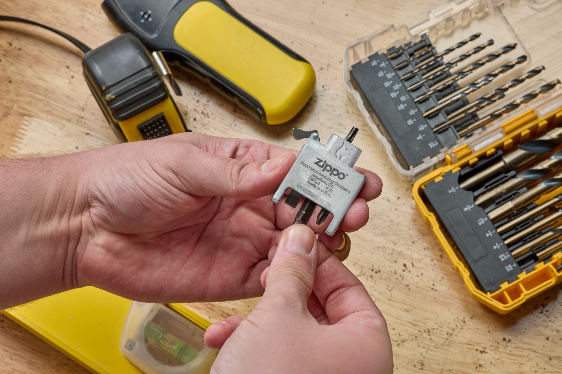 Lifestyle image of Bit Safe and Bits in hand in a workshop.