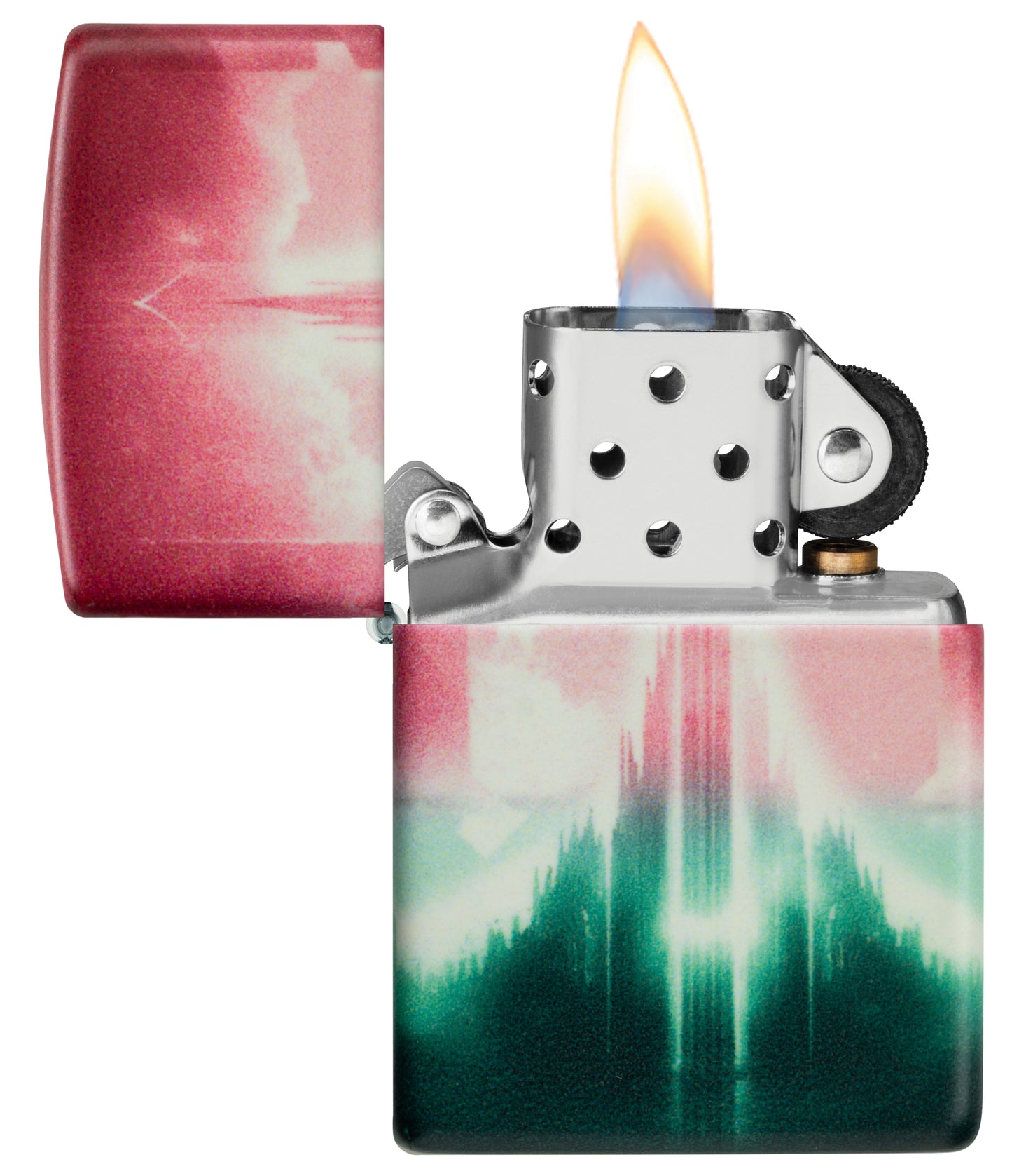 Zippo Wicked City Design Glow in the dark Green Windproof Lighter with its lid open and lit.