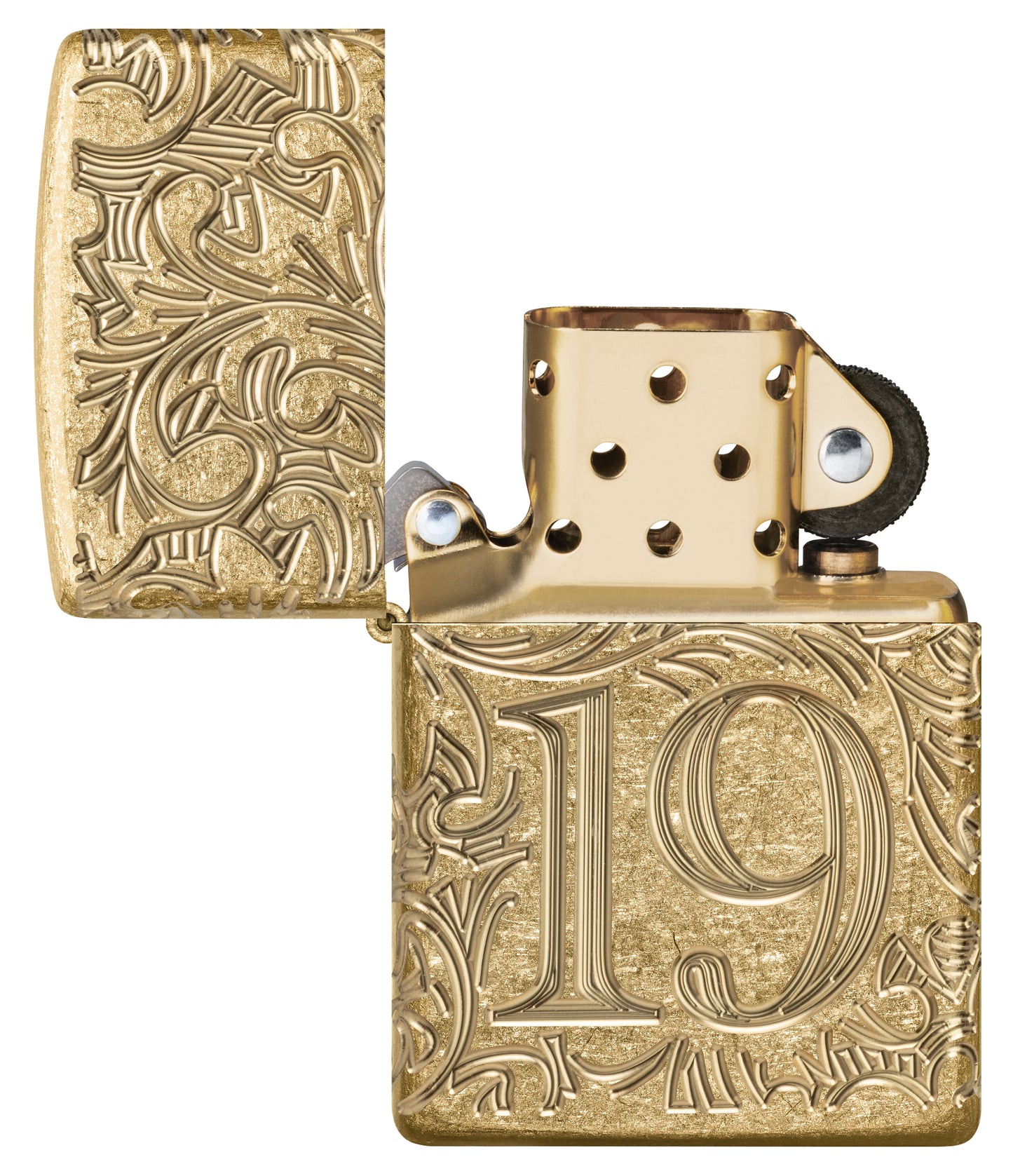 Zippo 1932 Filigree Design Armor® Tumbled Brass Windproof Lighter with its lid open and unlit.