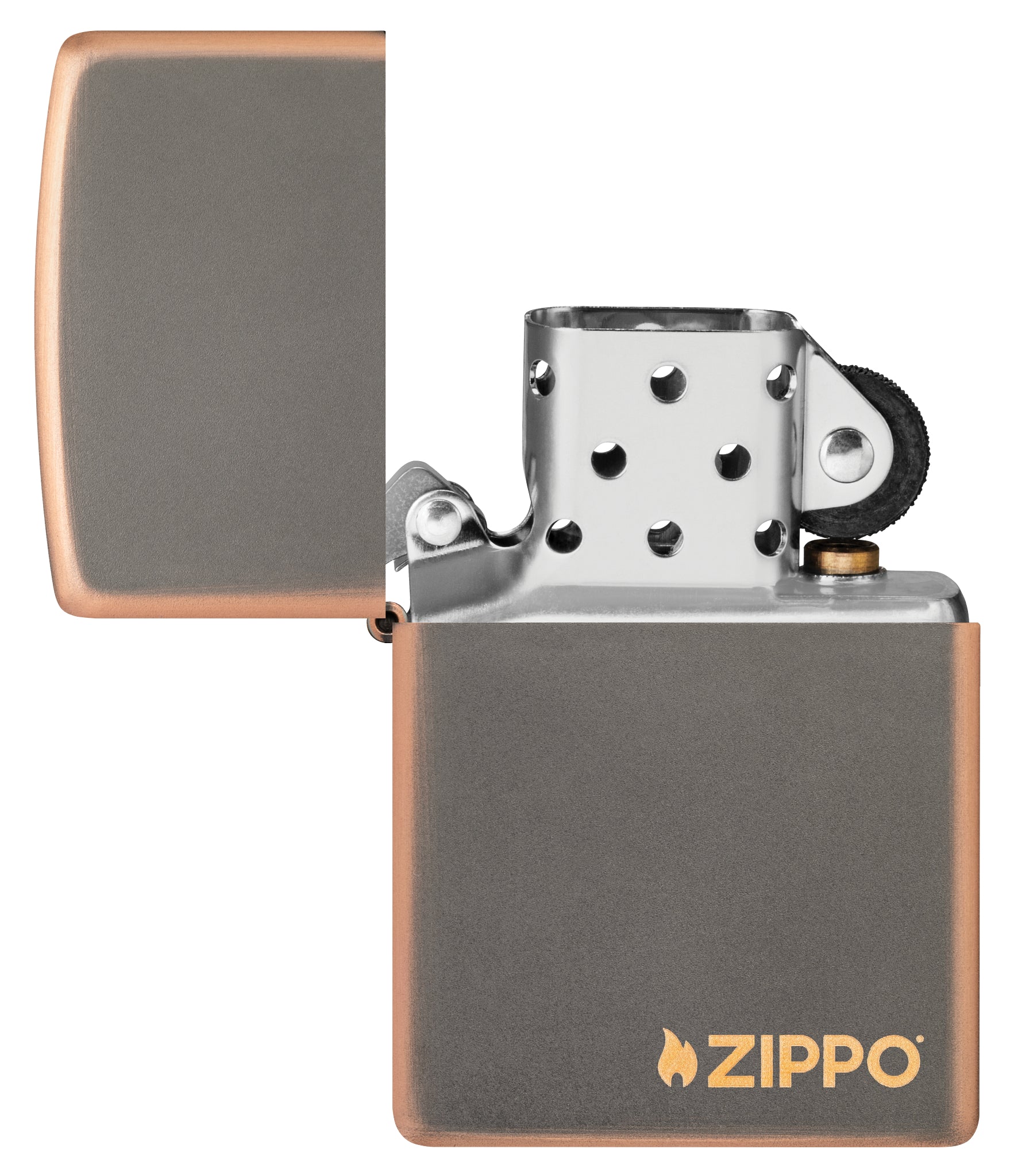 Classic Rustic Bronze Zippo Logo Windproof Lighter with its lid open and unlit.