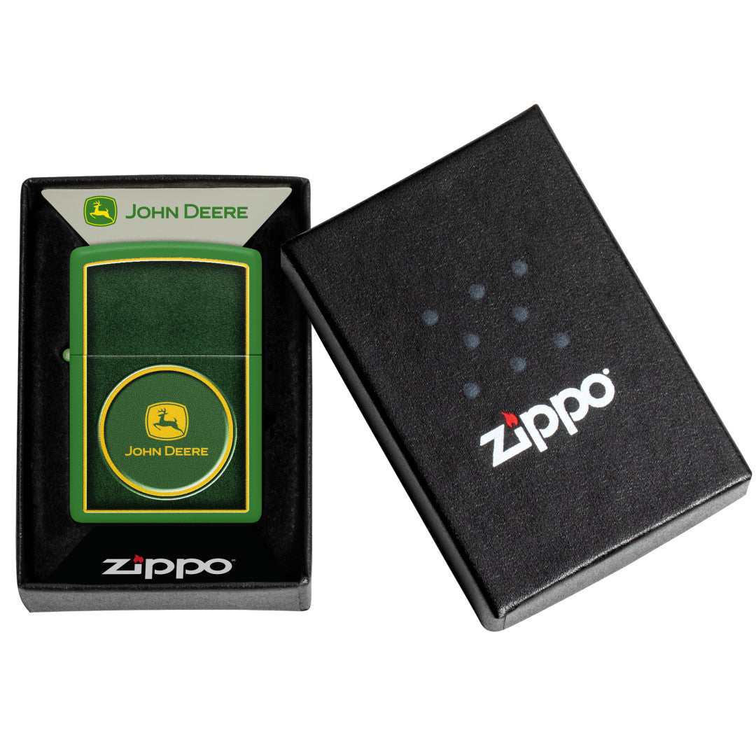 Zippo John Deere Turf Design Moss Green Windproof Lighter in its packaging.