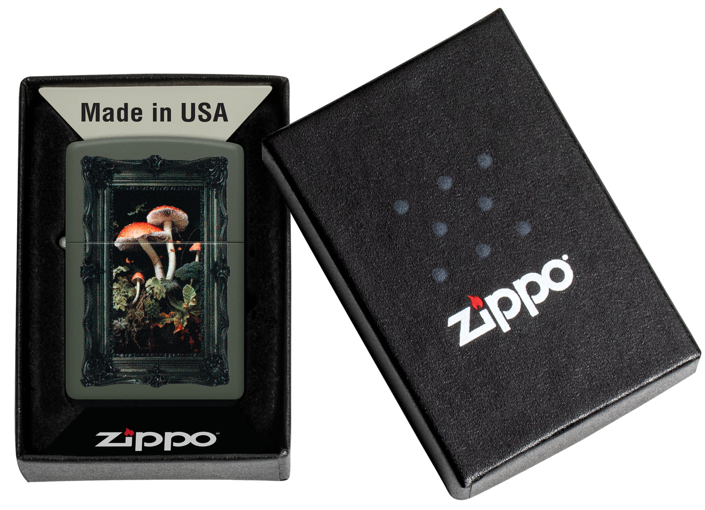 Zippo Framed Fungi Design Green Matte Windproof Lighter in its packaging.