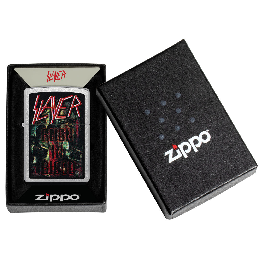 Zippo Slayer Reign in Blood Design Street Chrome Windproof Lighter in its packaging.
