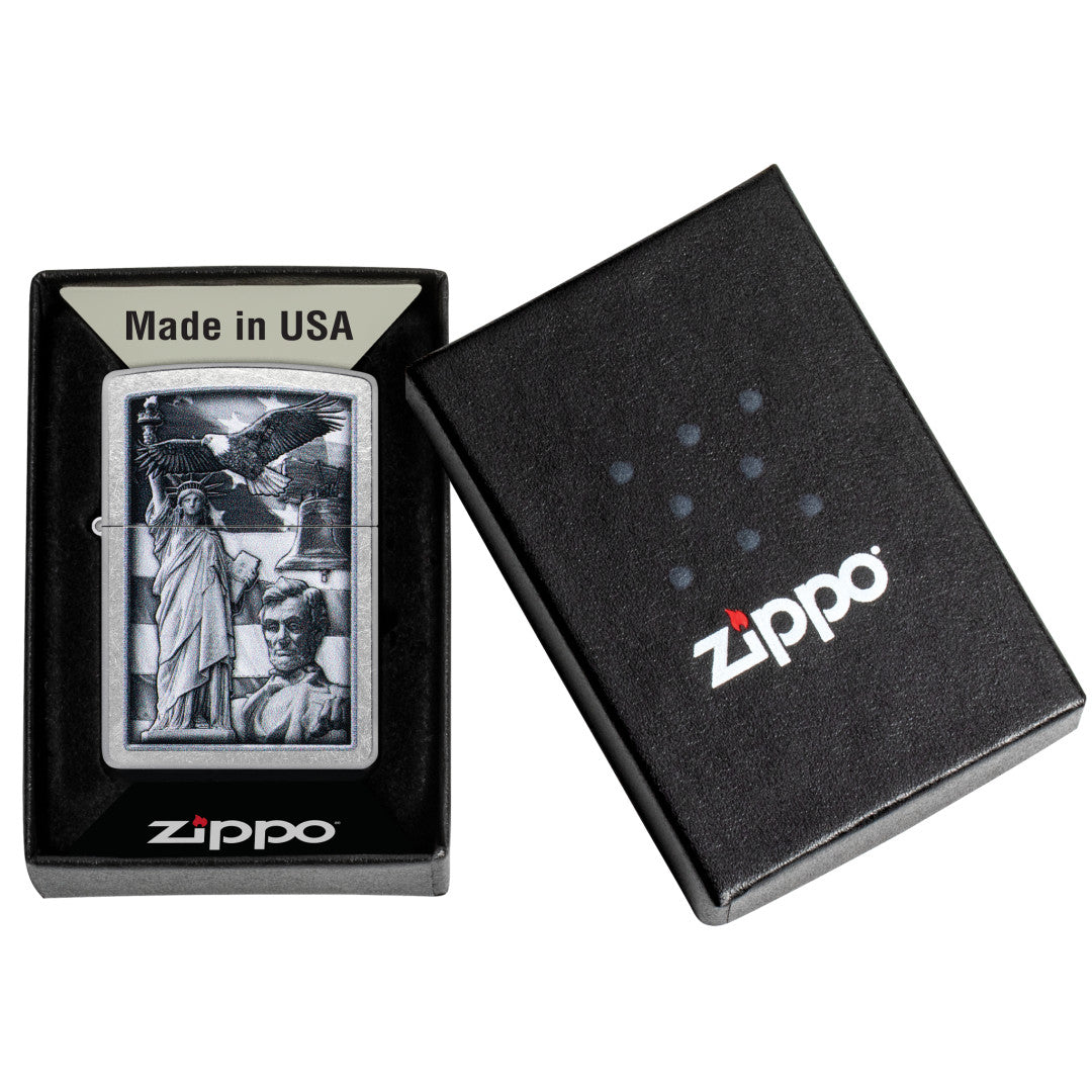 Zippo American Icons Design Street Chrome Windproof Lighter in its packaging.