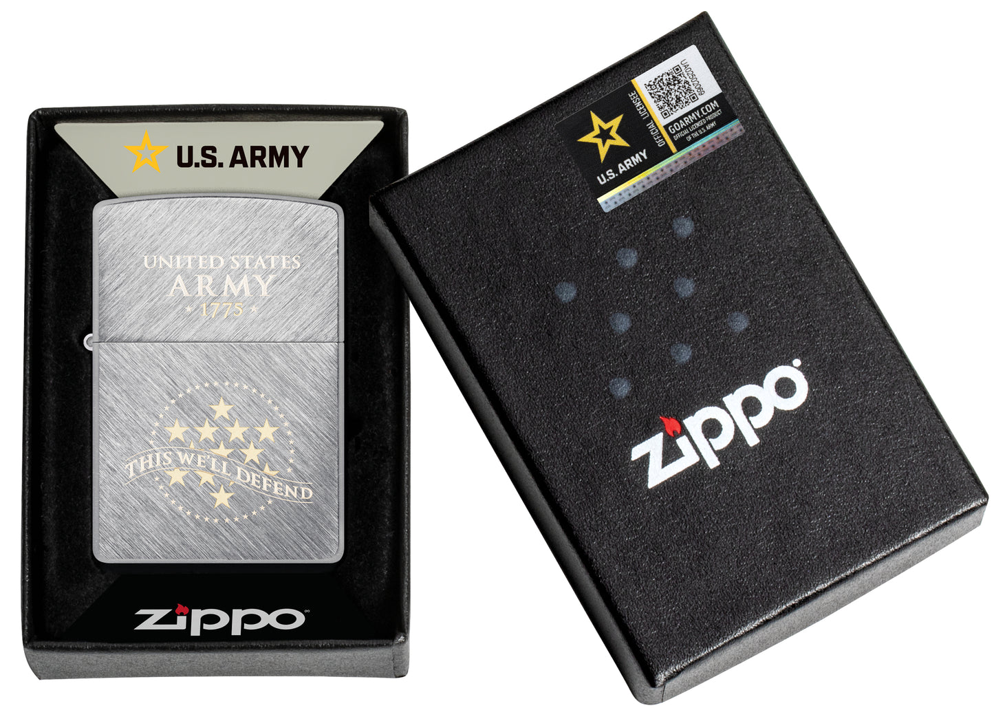 Zippo U.S. Army® This We'll Defend Design Herringbone Sweep Windproof Lighter in its packaging.