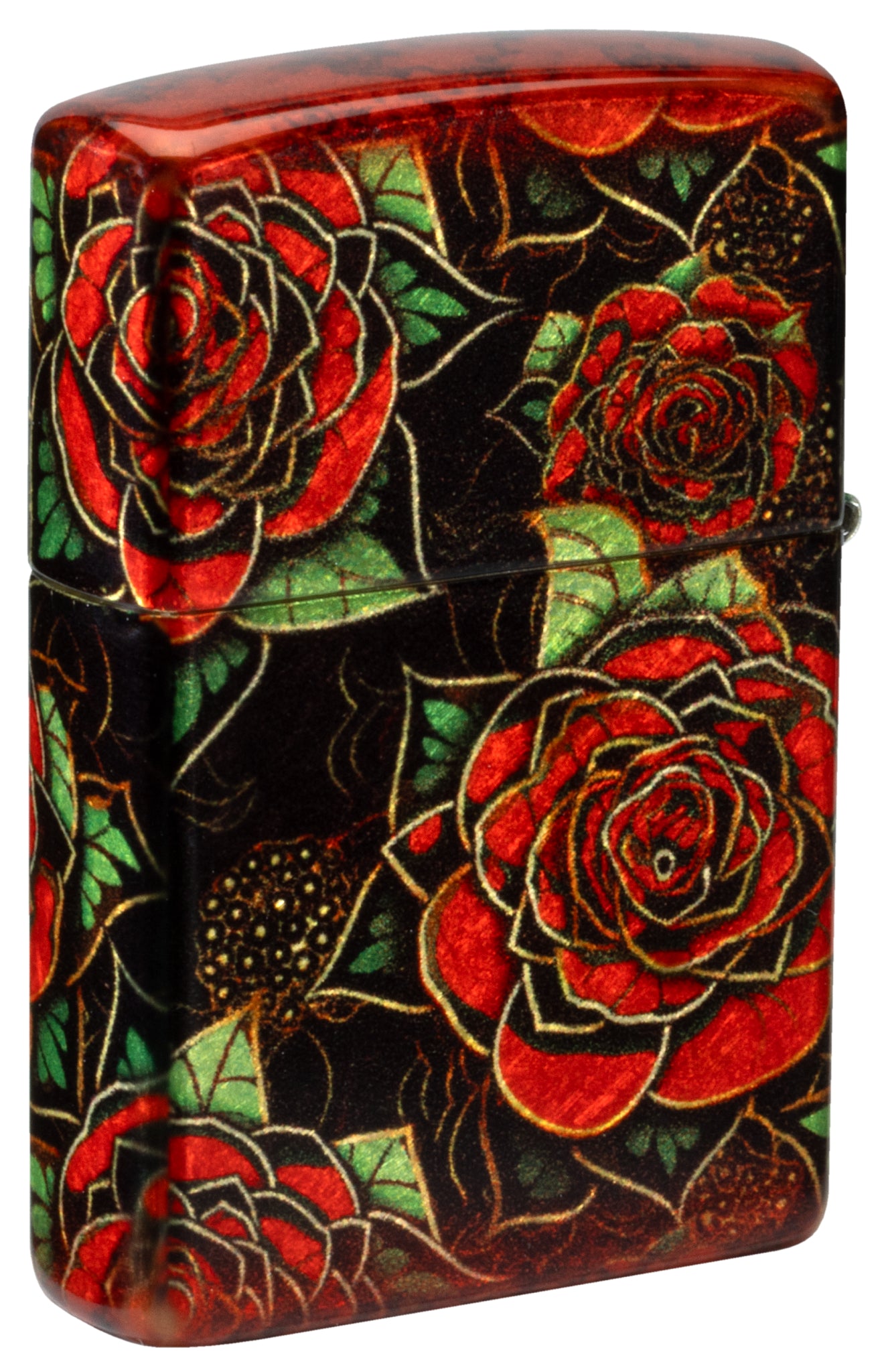 Back view of Zippo Blooming Roses Design 540 Tumbled Brass Windproof Lighter standing at a 3/4 angle.