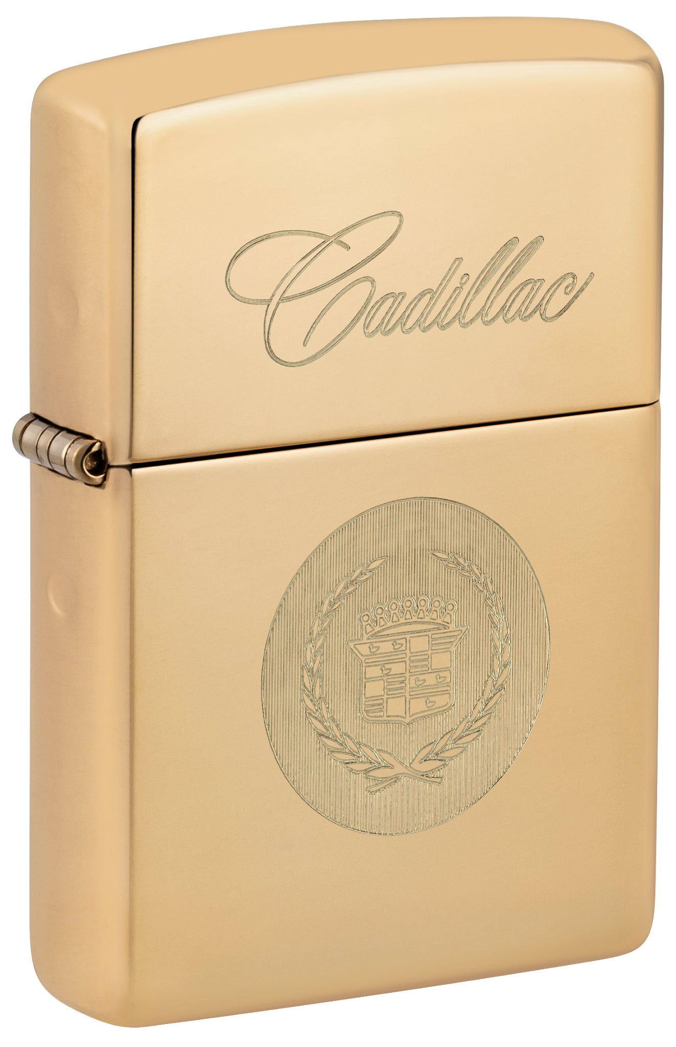 Front shot of Zippo Cadillac® Crest High Polish Brass Windproof Lighter standing at a 3/4 angle.