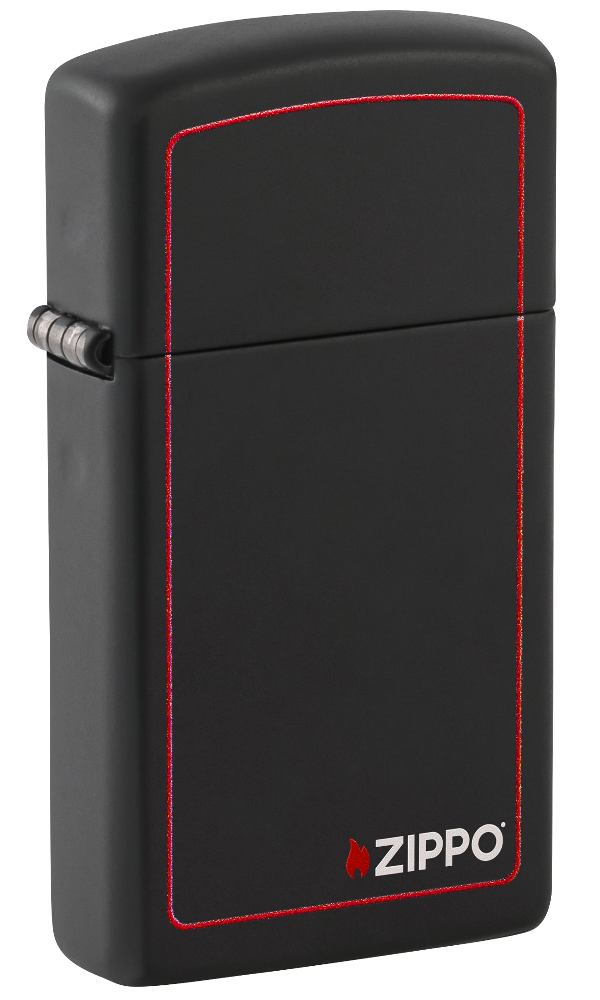 Front shot of Slim® Black Matte with Red Border Zippo Logo Windproof Lighter standing at a 3/4 angle.
