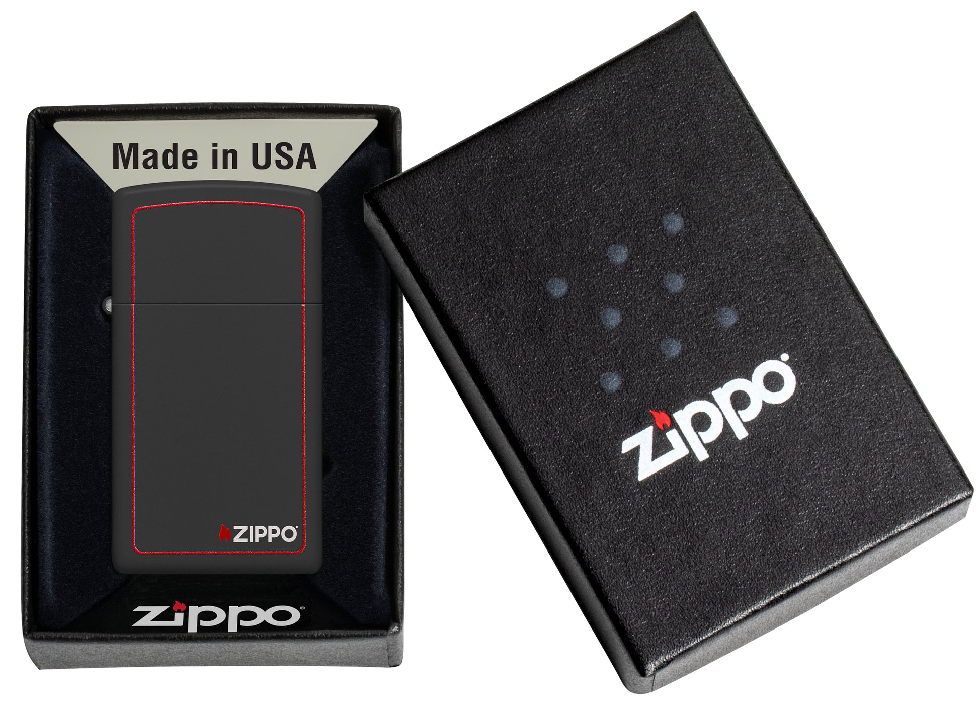 Slim® Black Matte with Red Border Zippo Logo Windproof Lighter in its packaging.