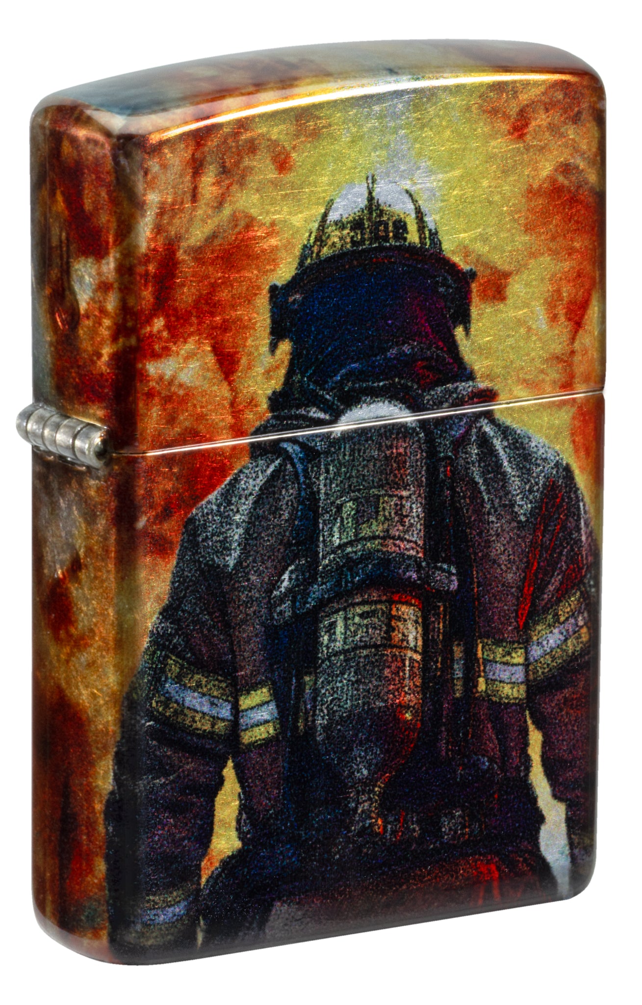 Front shot of Zippo Firefighter Fusion Design 540 Tumbled Chrome Windproof Lighter standing at a 3/4 angle.