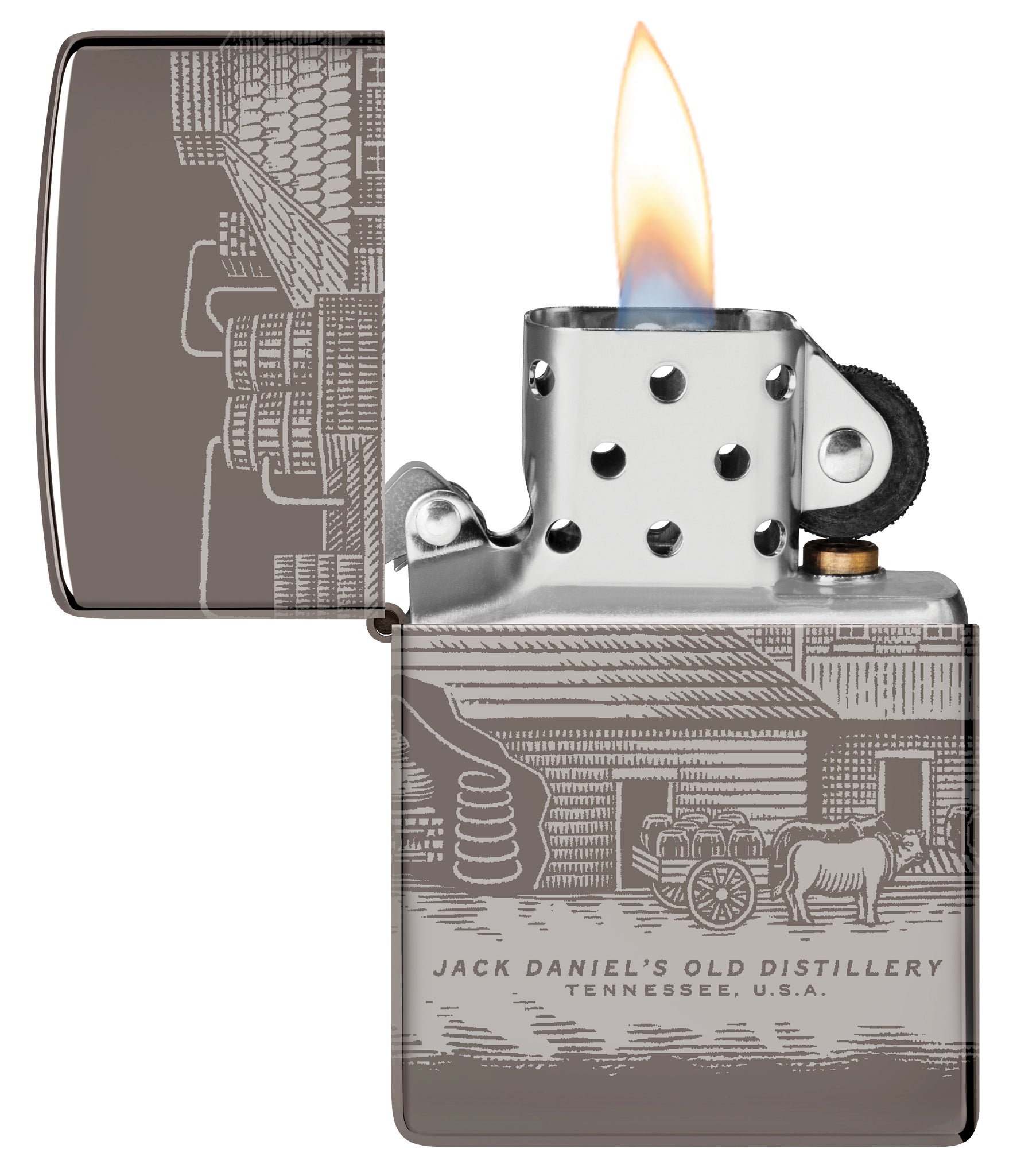 Zippo Jack Daniel's® Distillery Design Black Ice® Windproof Lighter with its lid open and lit.