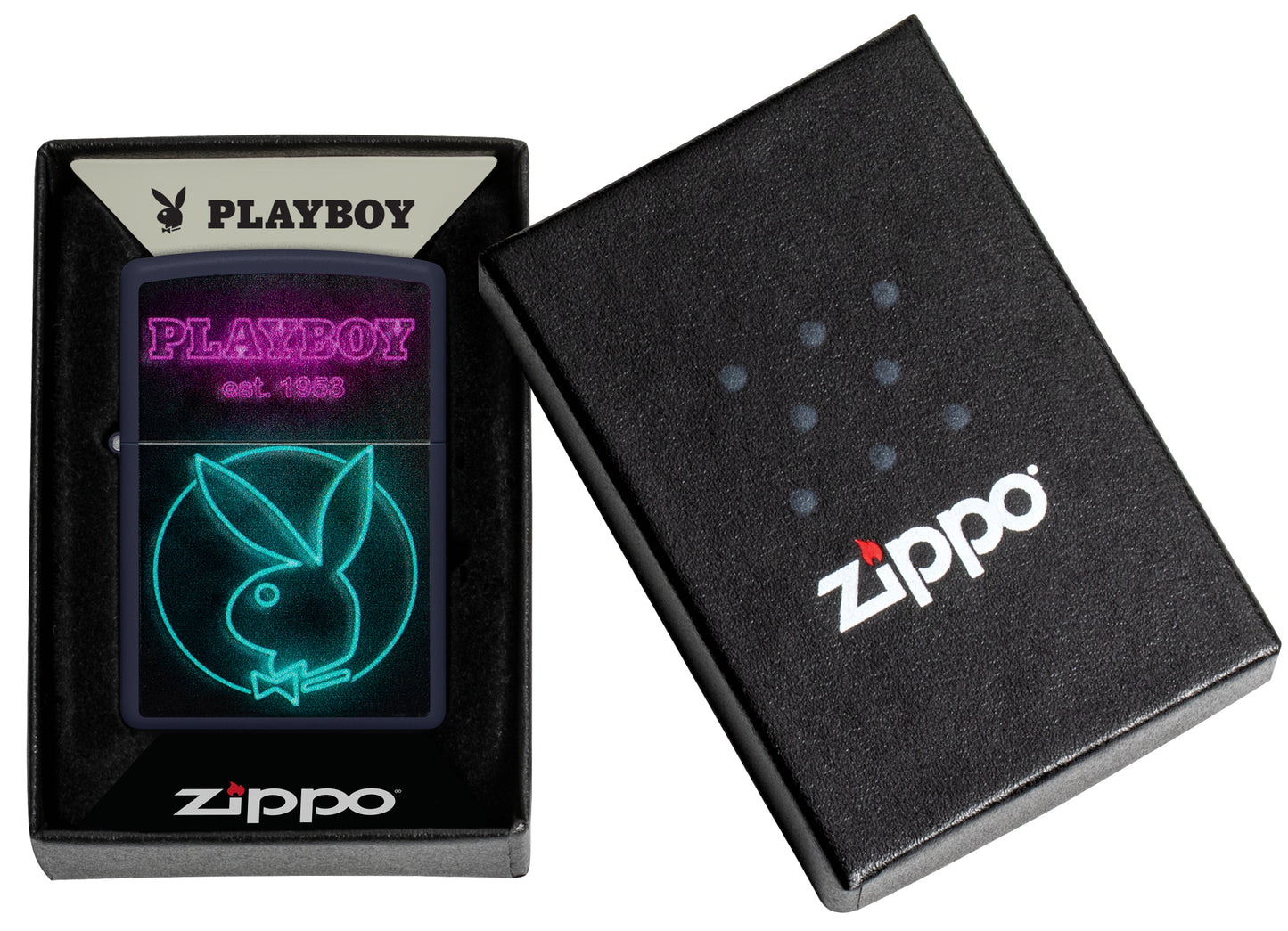 Zippo Playboy Neon Design Navy Matte Windproof Lighter in its packaging.