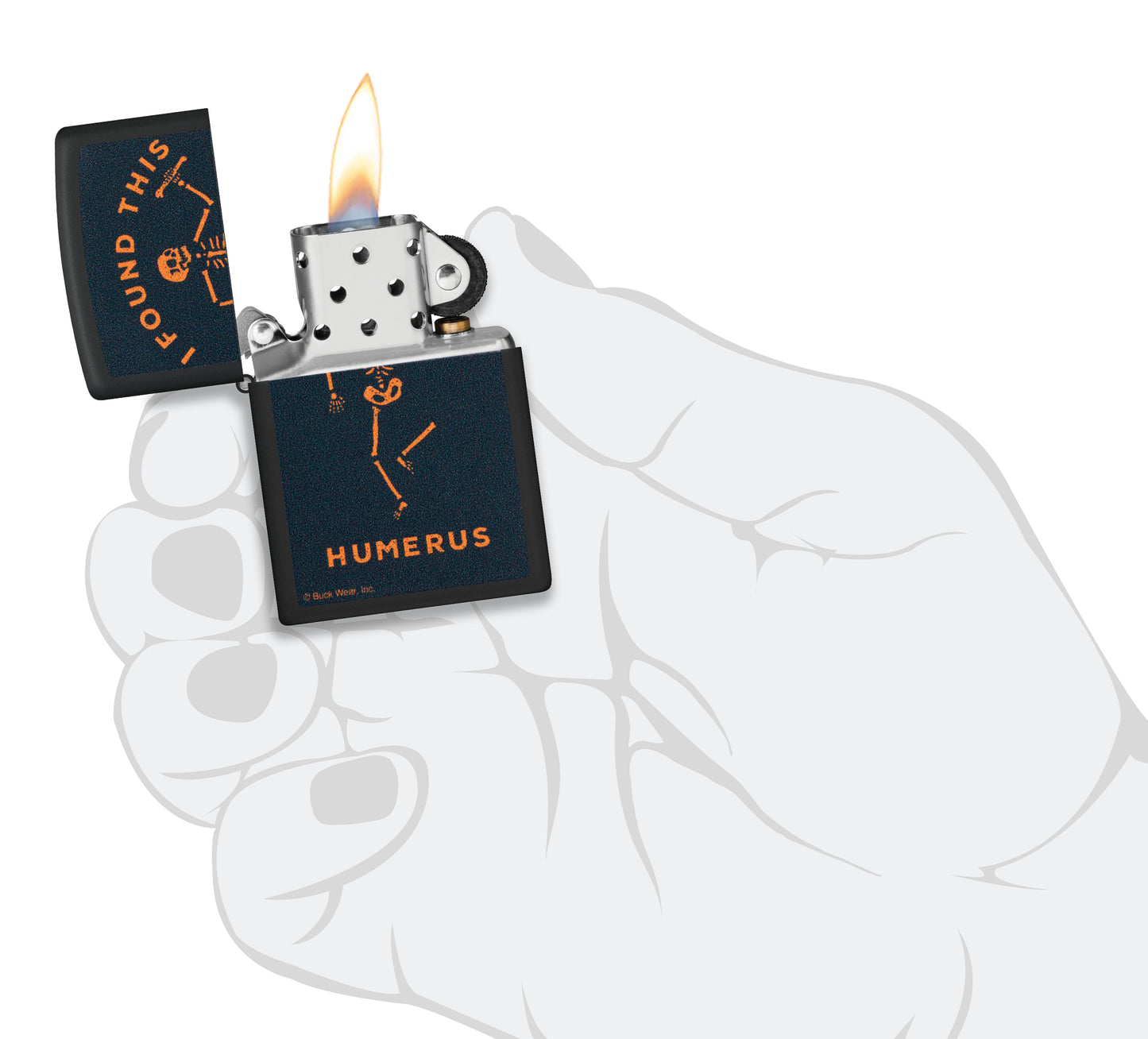 Zippo Buck Wear™ Humerus Design Black Matte Windproof Lighter lit in hand.