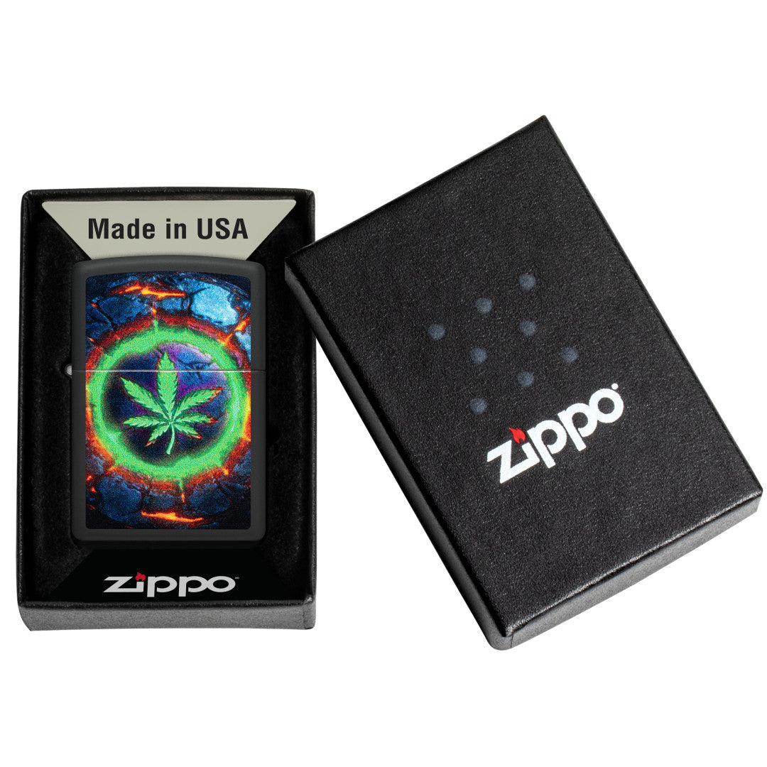 Zippo Lava Leaf Design Black Matte Windproof Lighter in its packaging.