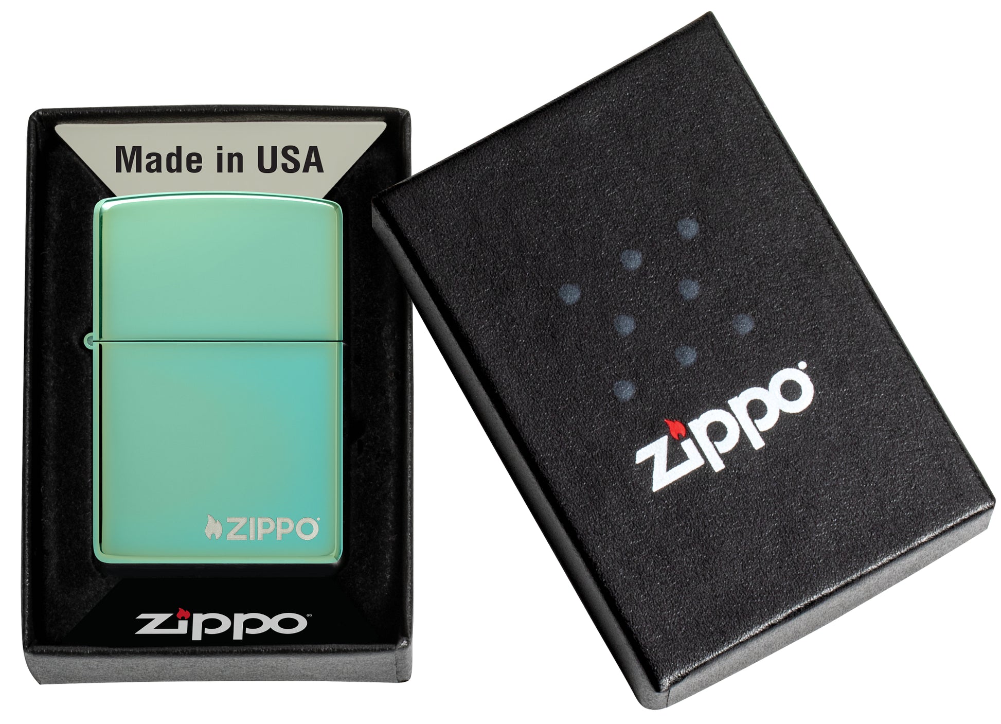 Classic High Polish Green Zippo Logo Windproof Lighter in its packaging.