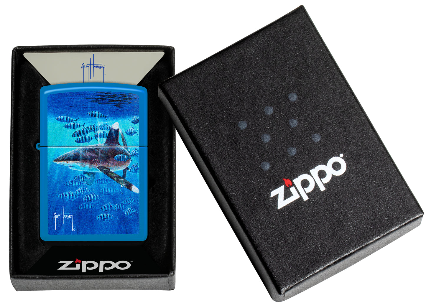 Zippo Guy Harvey Co-Pilot Design Sky Blue Matte Windproof Lighter in its packaging.