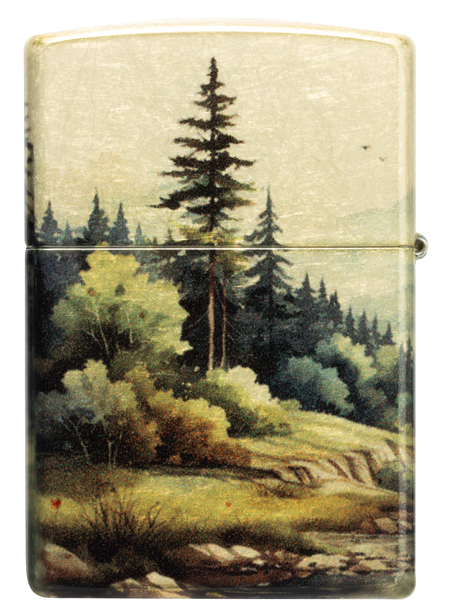 Back view of Zippo Watercolor Wilderness Design 540 Tumbled Brass Windproof Lighter.