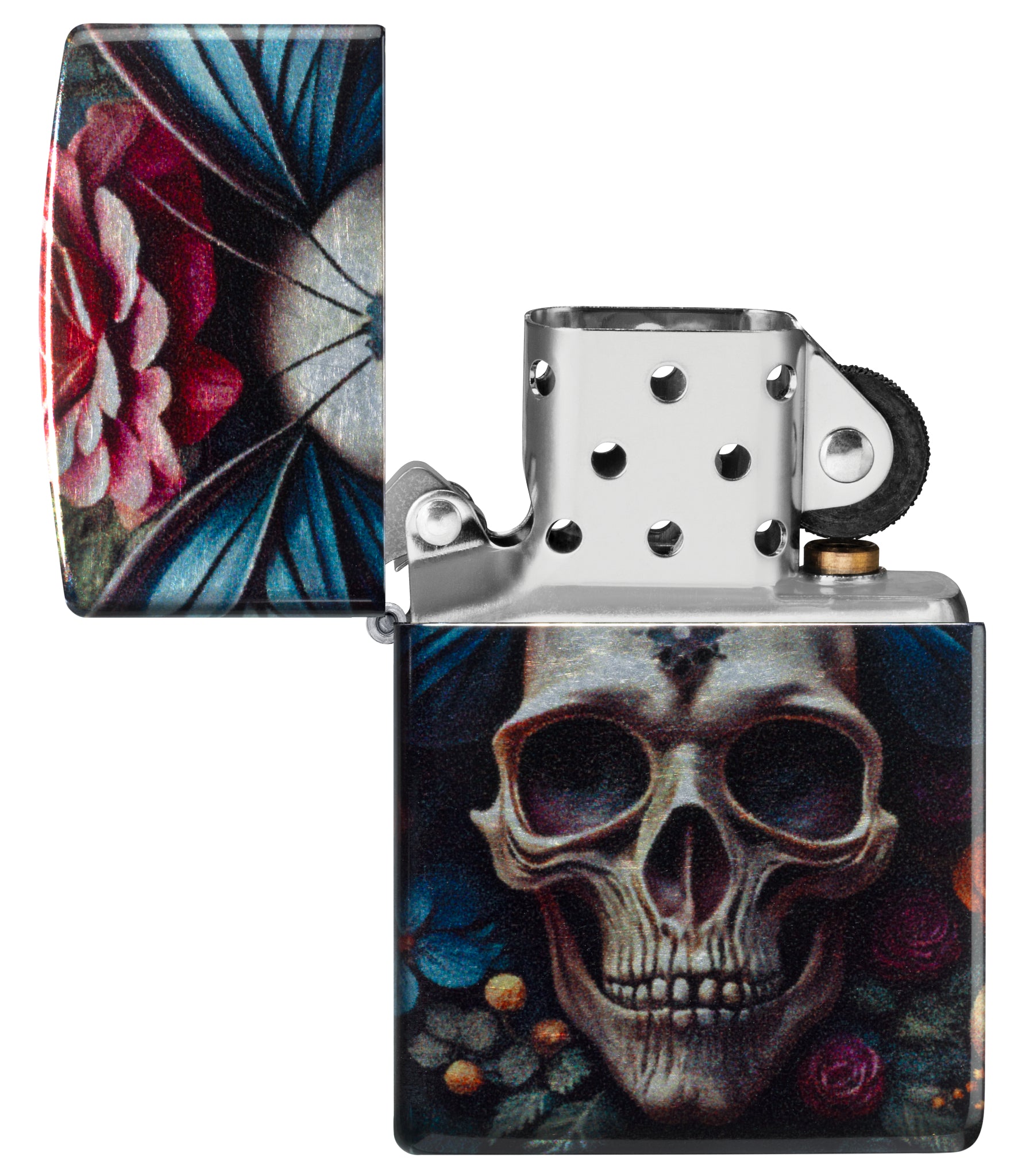 Zippo Butterfly Skull Design 540 Tumbled Chrome Windproof Lighter  with its lid open and unlit.