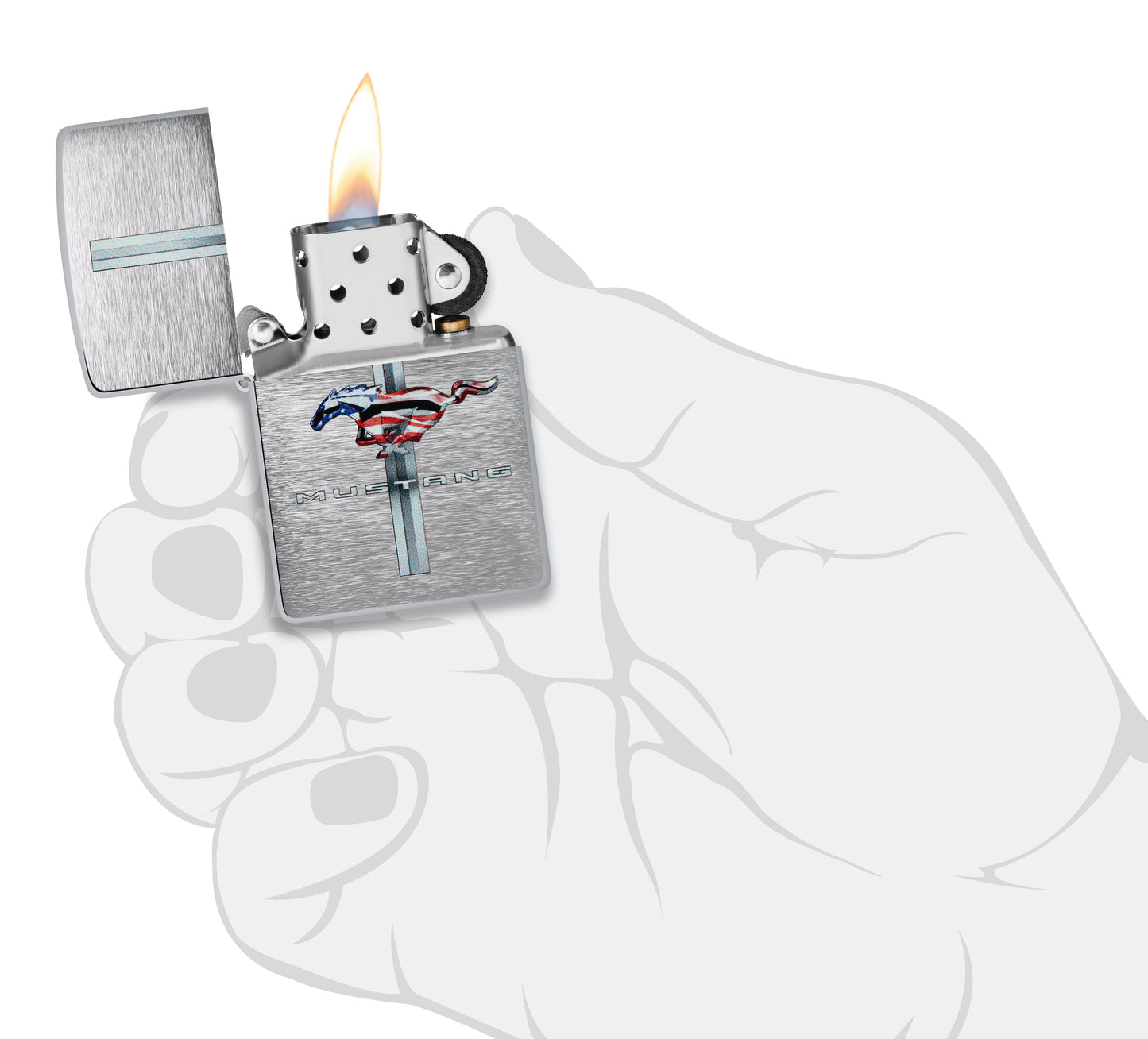 Zippo Ford Mustang Design Brushed Chrome Windproof Lighter lit in hand.