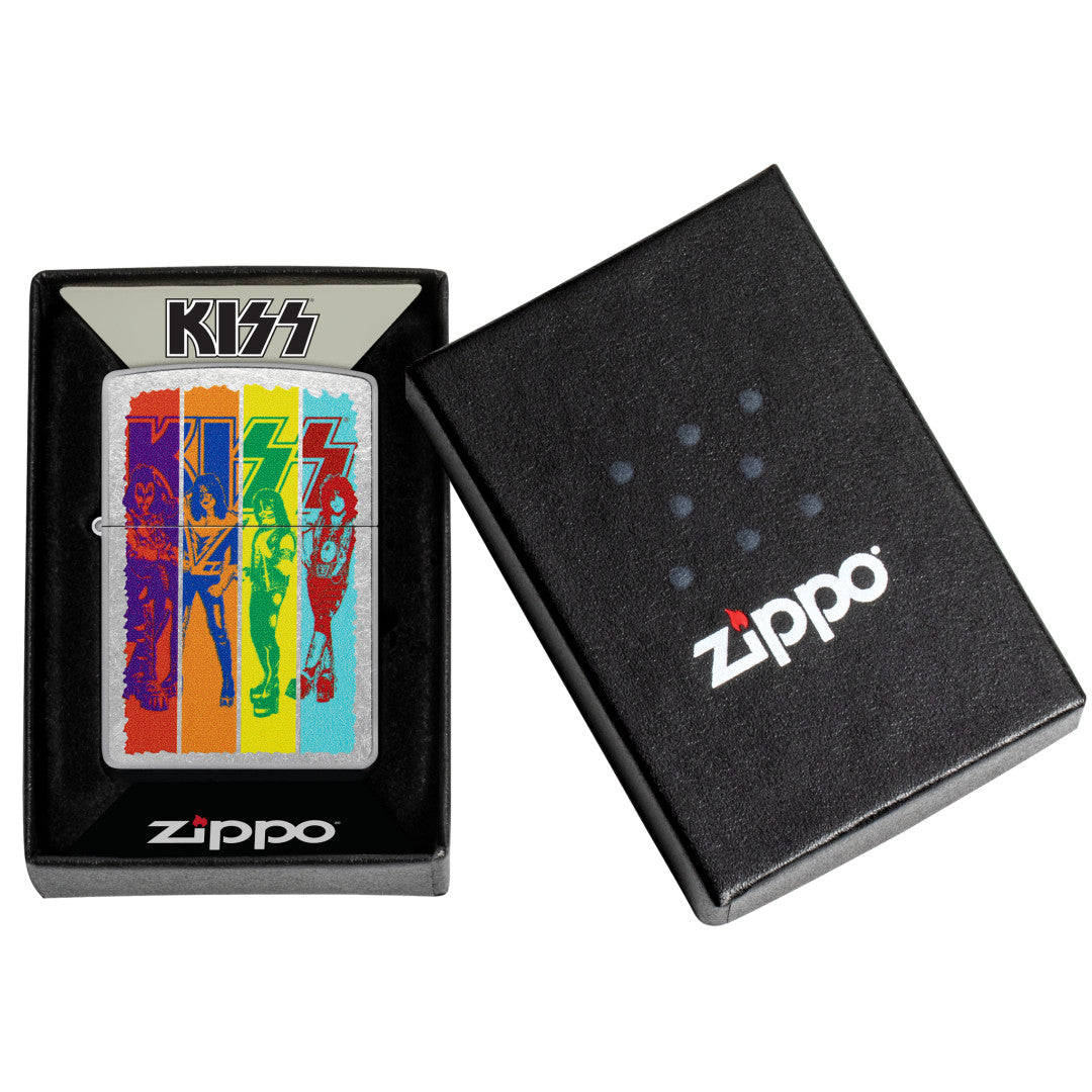 Zippo KISS® Fly Flag Design Street Chrome Windproof Lighter in its packaging.