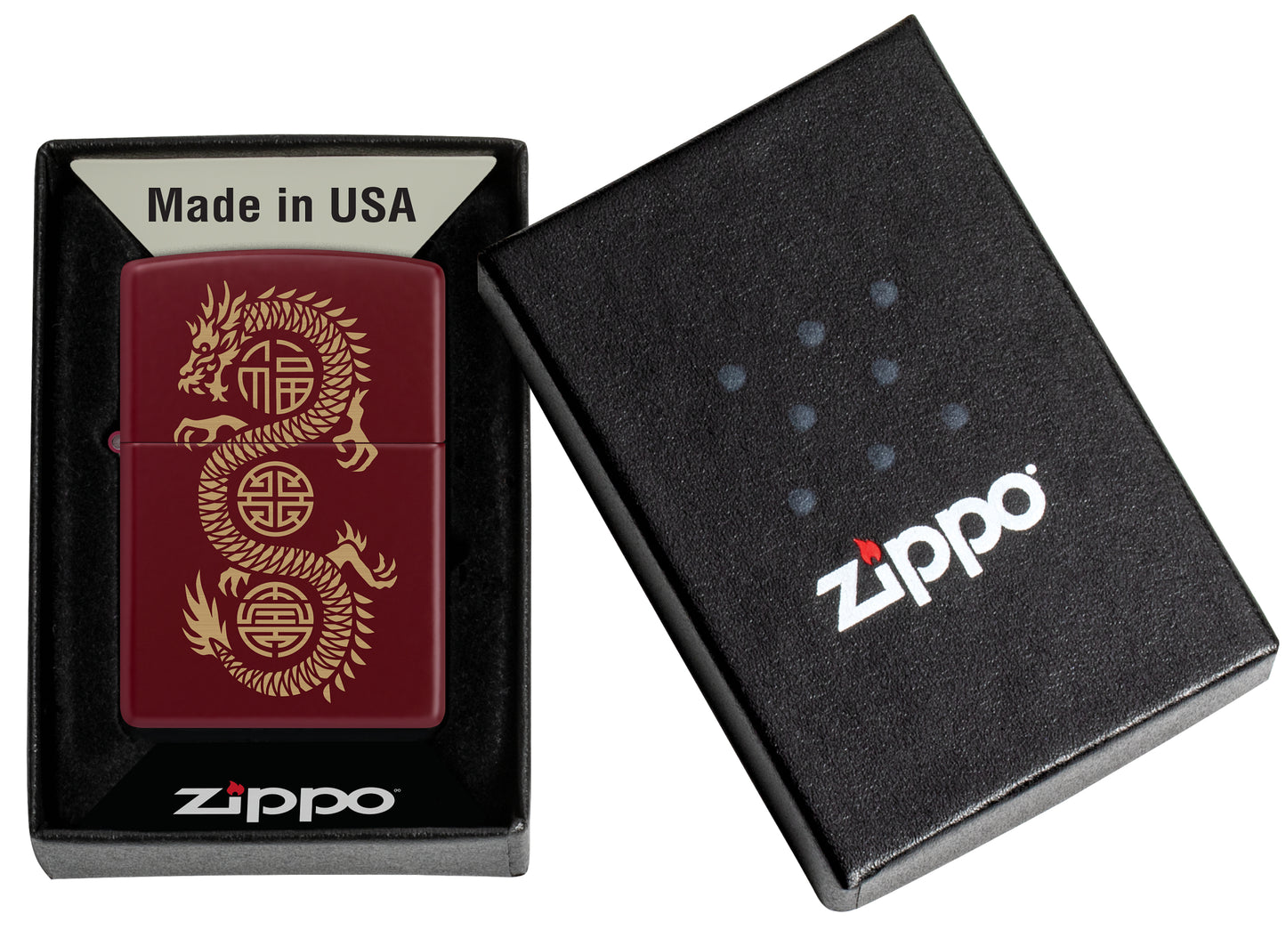 Zippo Lucky Dragon Design Merlot Windproof Lighter in its packaging.