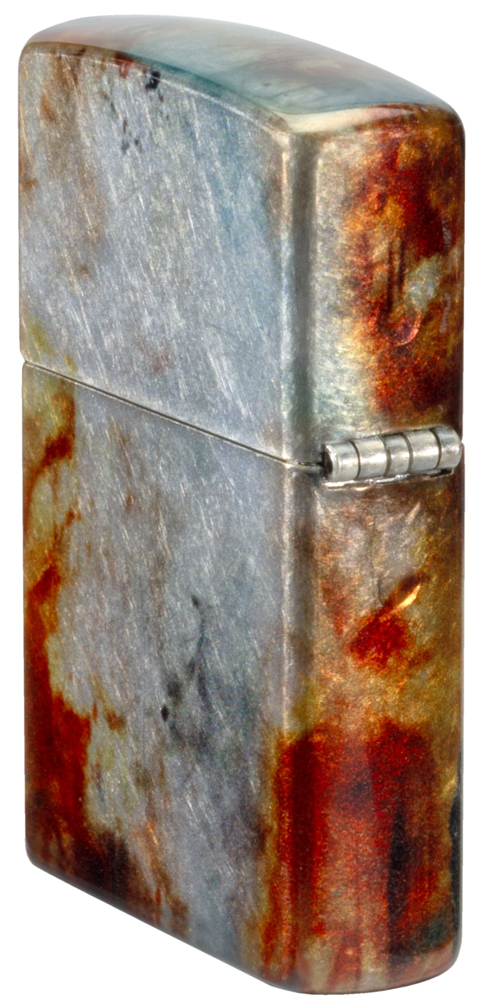 Angled shot of  Zippo Firefighter Fusion Design 540 Tumbled Chrome Windproof Lighter showing the back and hinge sides of the lighter.