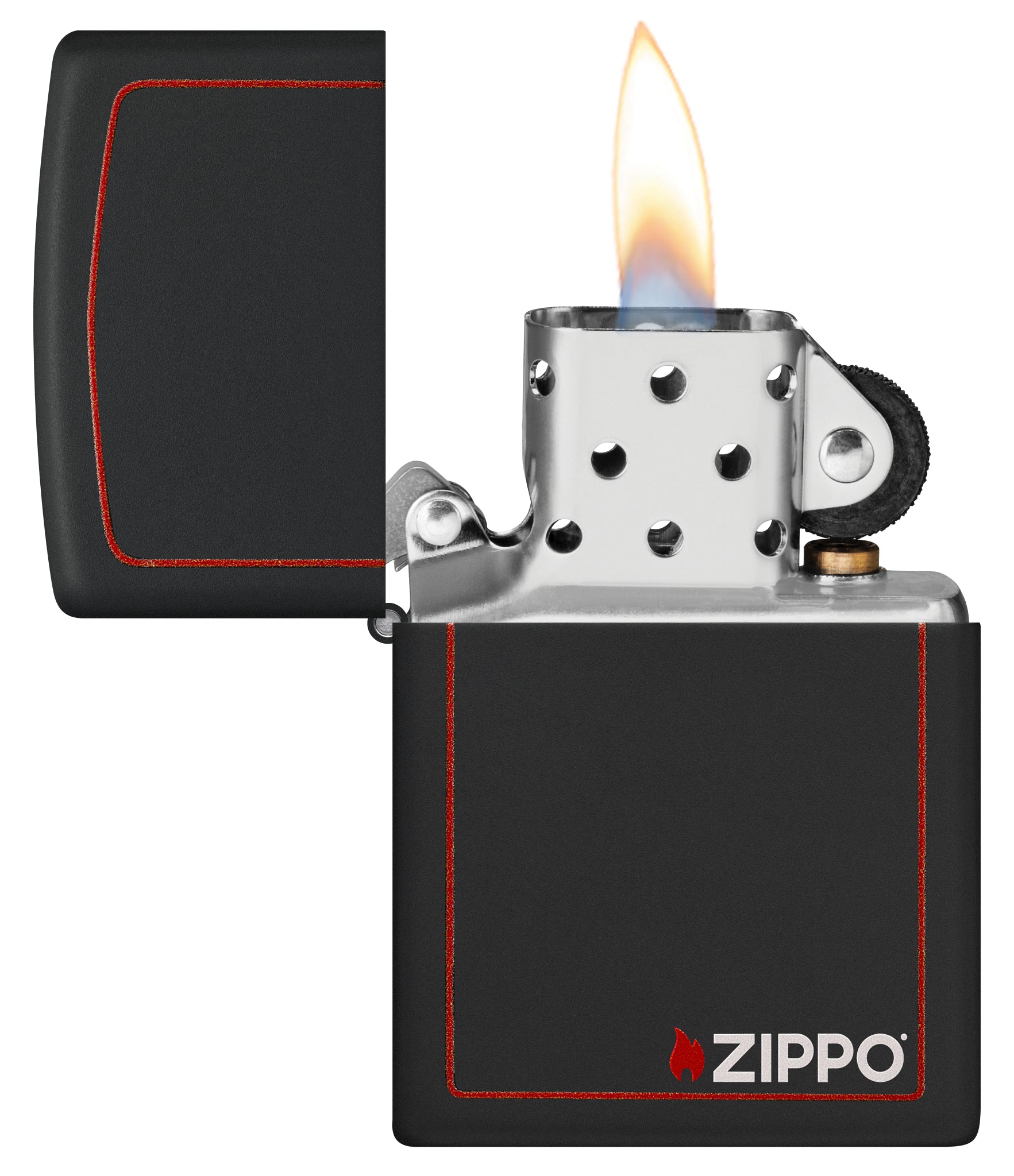 Classic Zippo Logo with Red Border Black Matte Windproof Lighter with its lid open and lit.