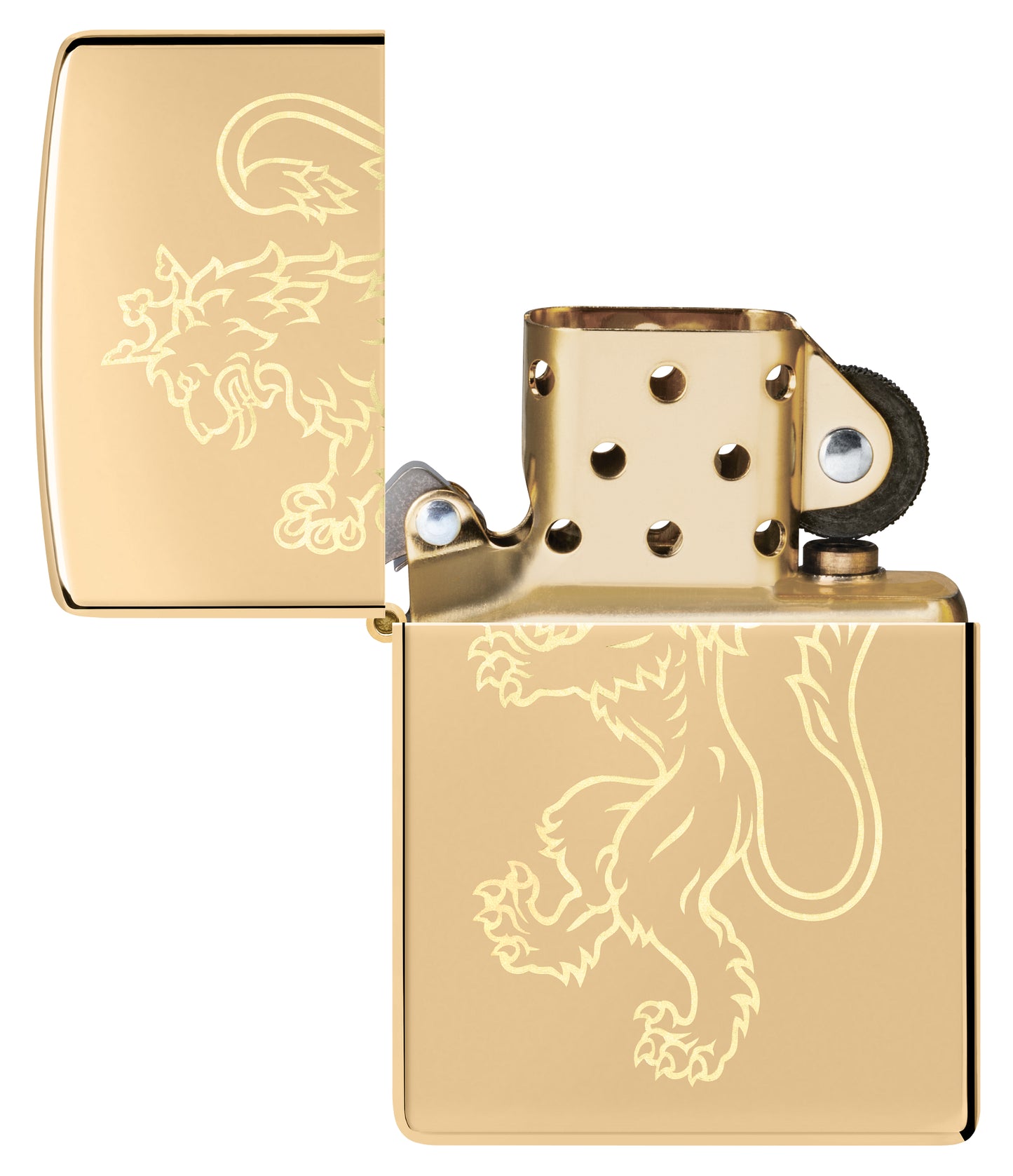 Zippo Fighting Lion Design High Polish Brass Windproof Lighter with its lid open and unlit.