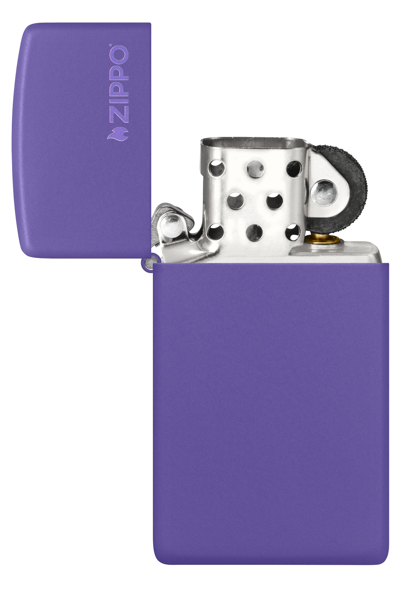 Slim® Purple Matte Zippo Logo Windproof Lighter with its lid open and unlit.