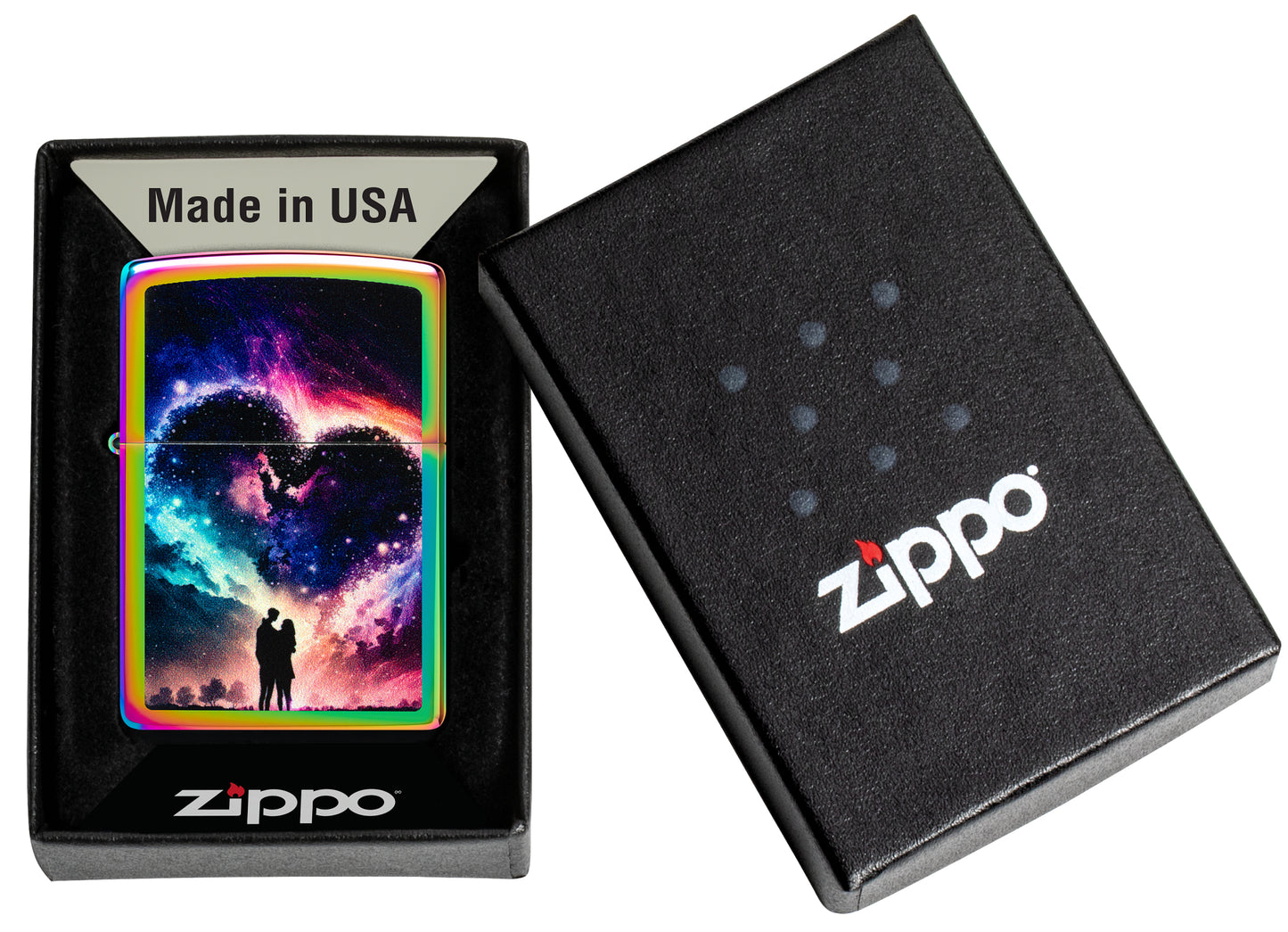 Zippo Cosmic Love Design Multi Color Windproof Lighter in its packaging.
