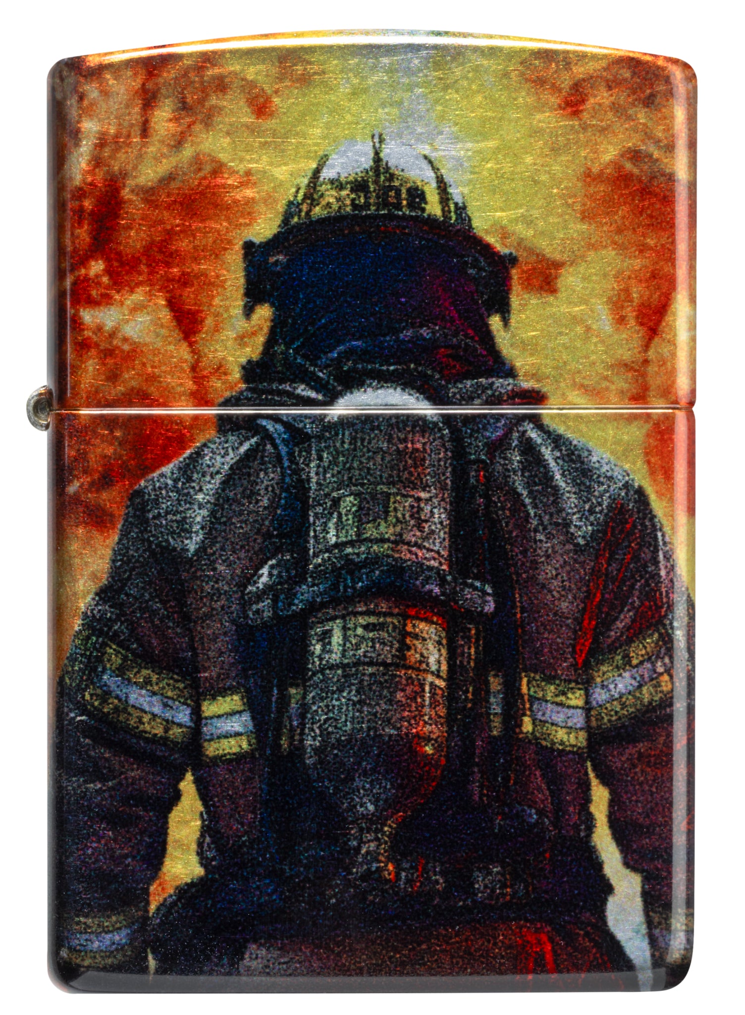 Front view of Zippo Firefighter Fusion Design 540 Tumbled Chrome Windproof Lighter.