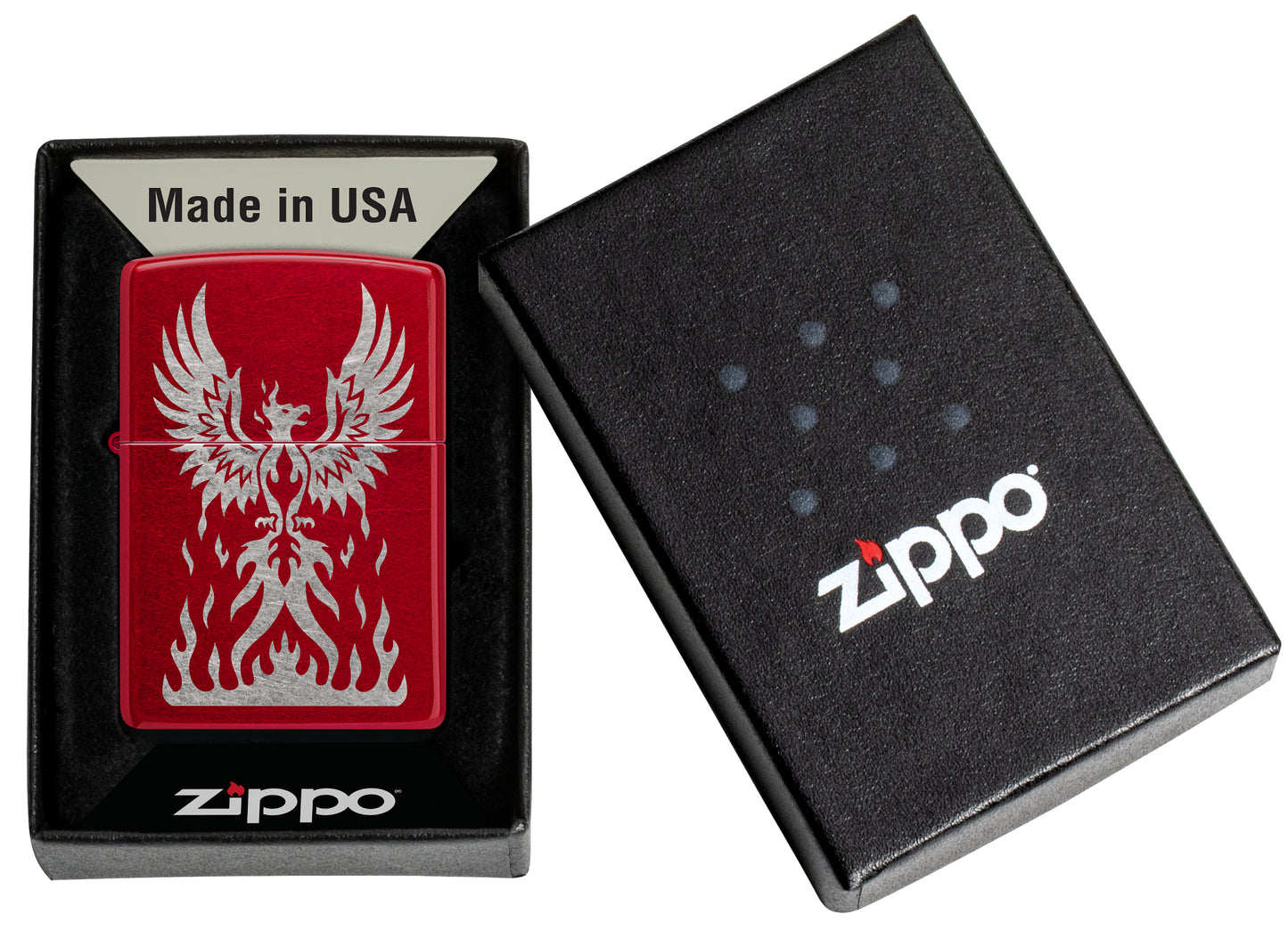 Zippo Phoenix Rising Design Candy Apple Red Windproof Lighter in its packaging.