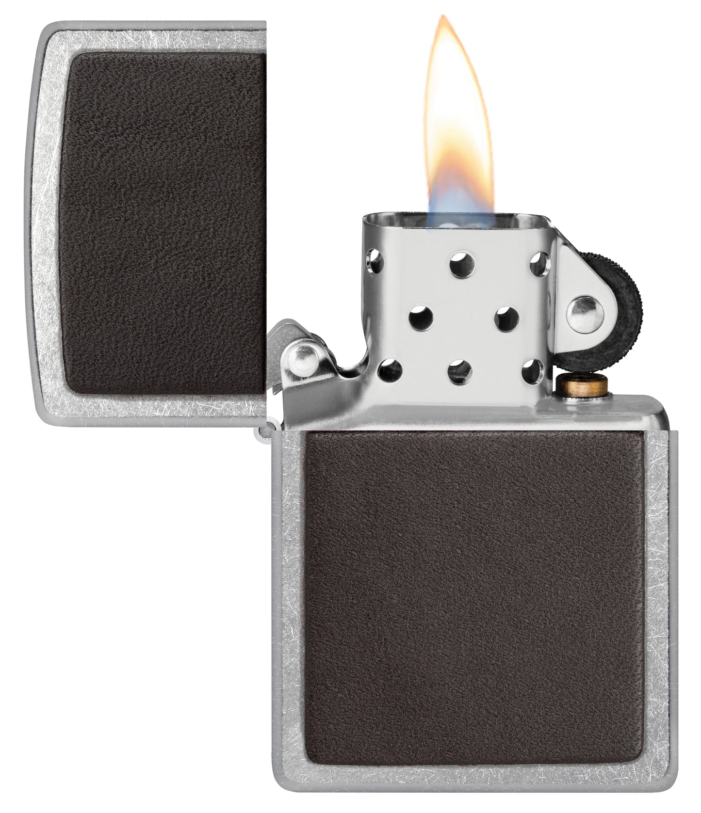 Zippo Brown Leather Emblem Street Chrome Windproof Lighter with its lid open and lit.