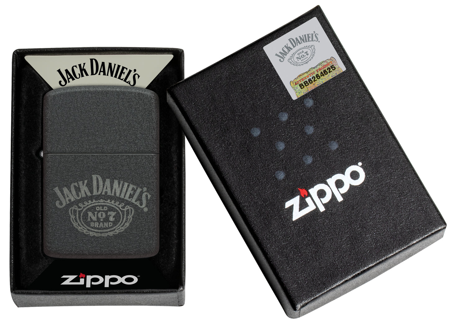 Zippo Jack Daniel's® No. 7 Design 1941 Replica Black Crackle® Windproof Lighter in its packaging.