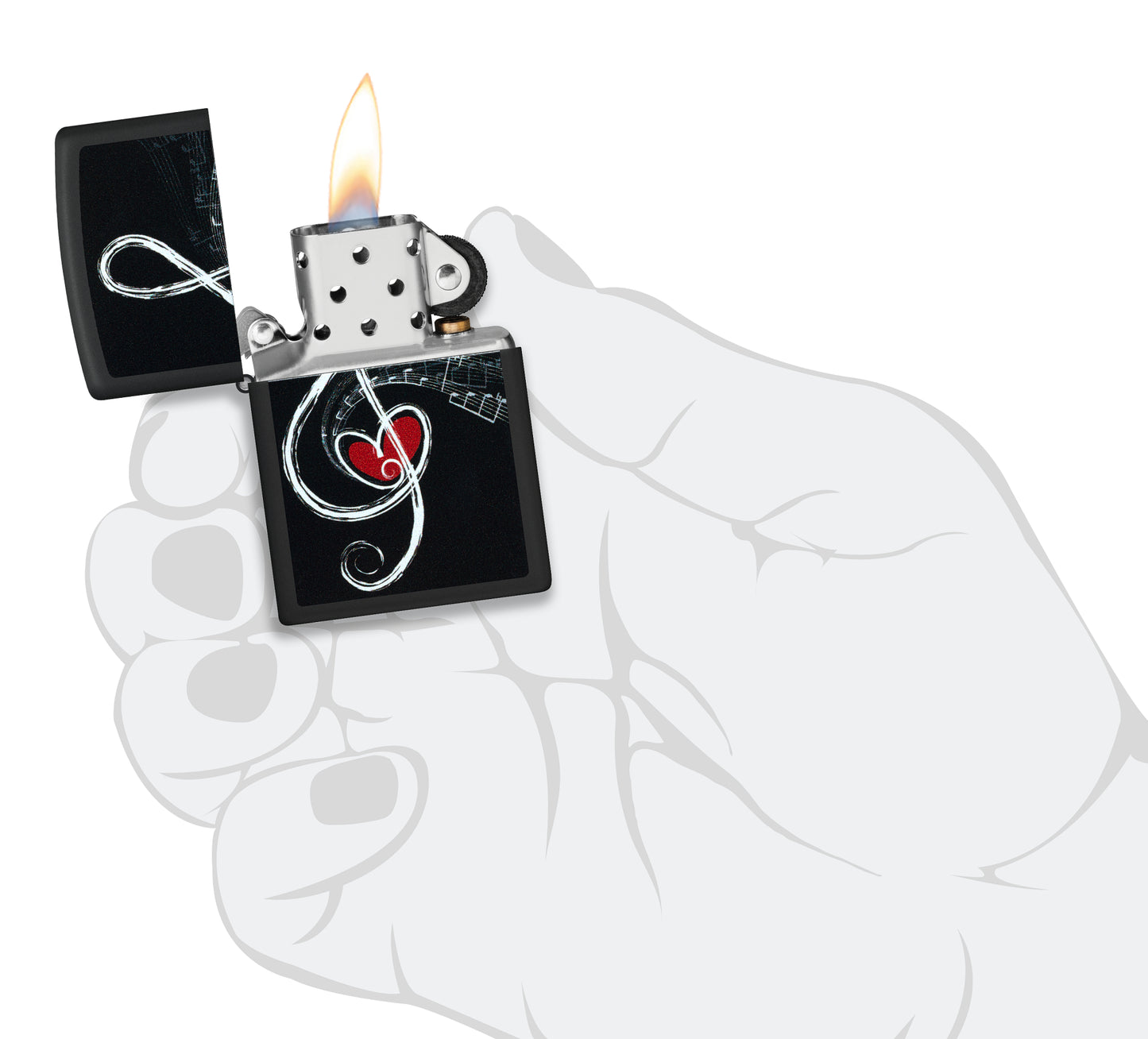 Zippo Love Clef Design Black Matte Windproof Lighter lit in hand.
