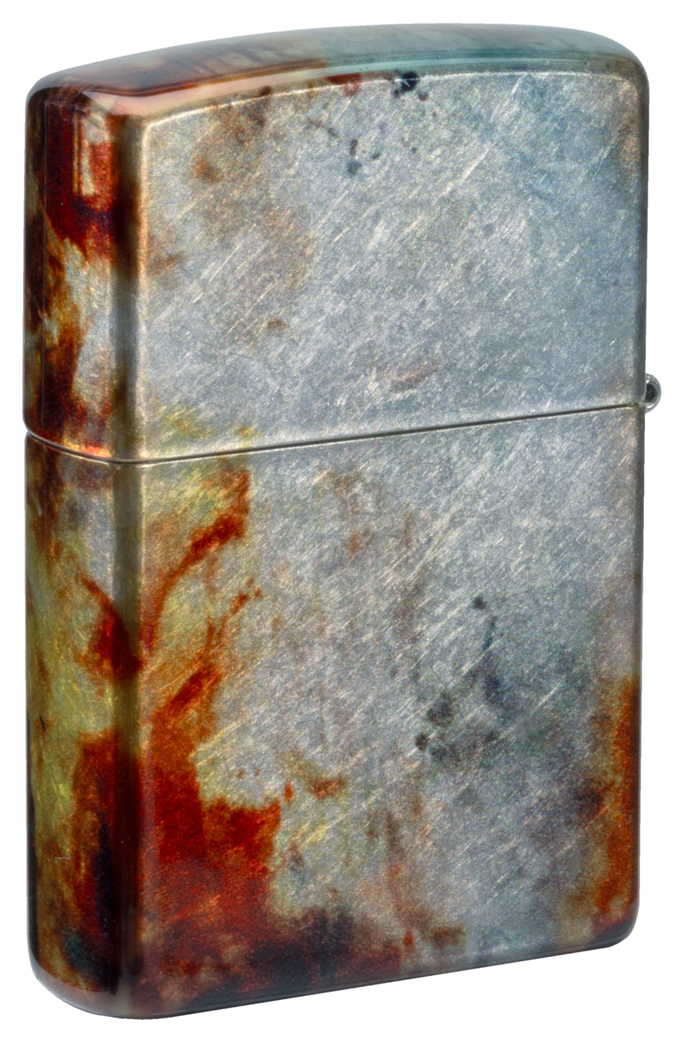 Back view of Zippo Firefighter Fusion Design 540 Tumbled Chrome Windproof Lighter standing at a 3/4 angle.