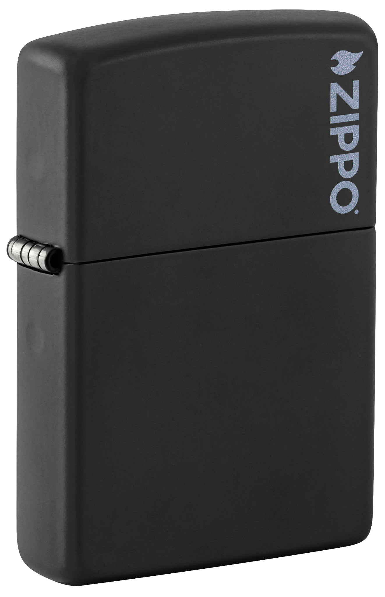 Front shot of Classic Black Matte Zippo Logo Windproof Lighter standing at a 3/4 angle.