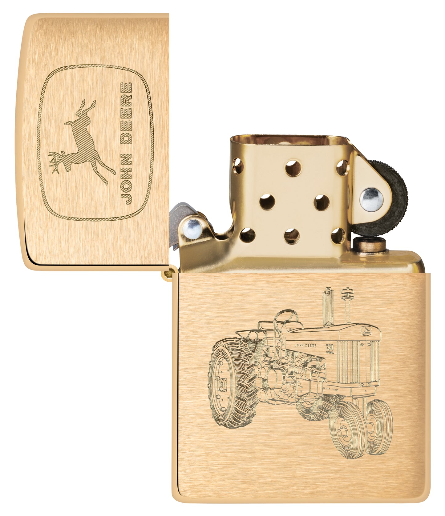 Zippo John Deere Tractor Design Brushed Brass Windproof Lighter with its lid open and unlit.
