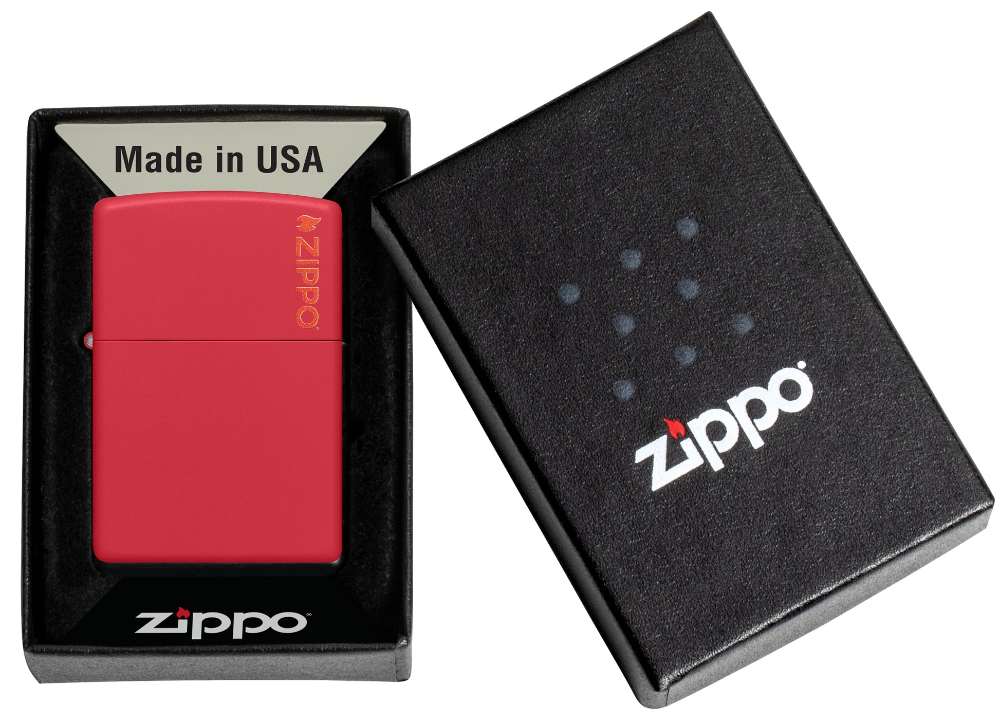Classic Red Matte Zippo Logo in its packaging.
