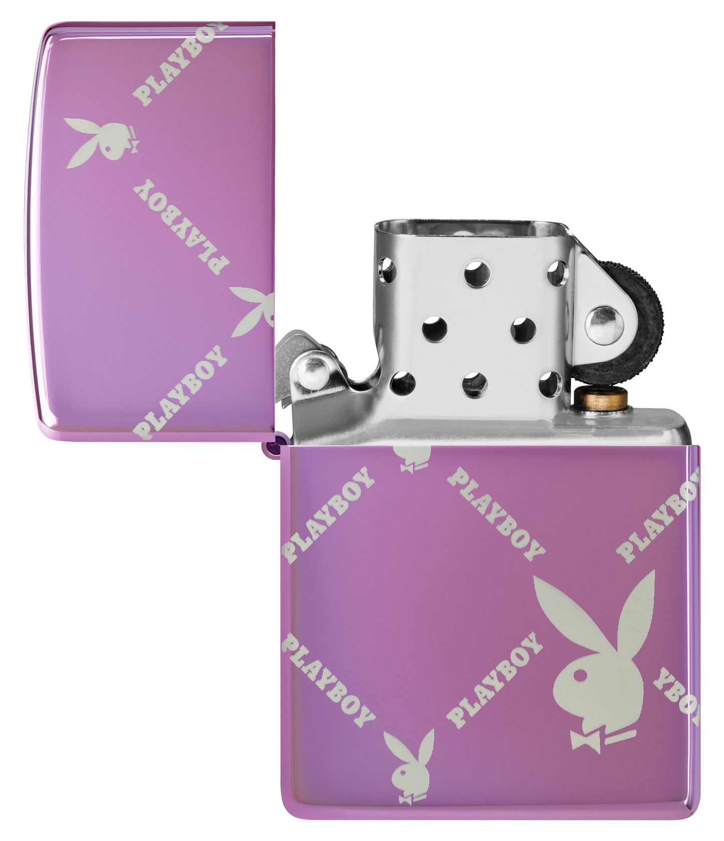 Zippo Playboy Argyle Design High Polish Purple Windproof Lighter with its lid open and unlit.