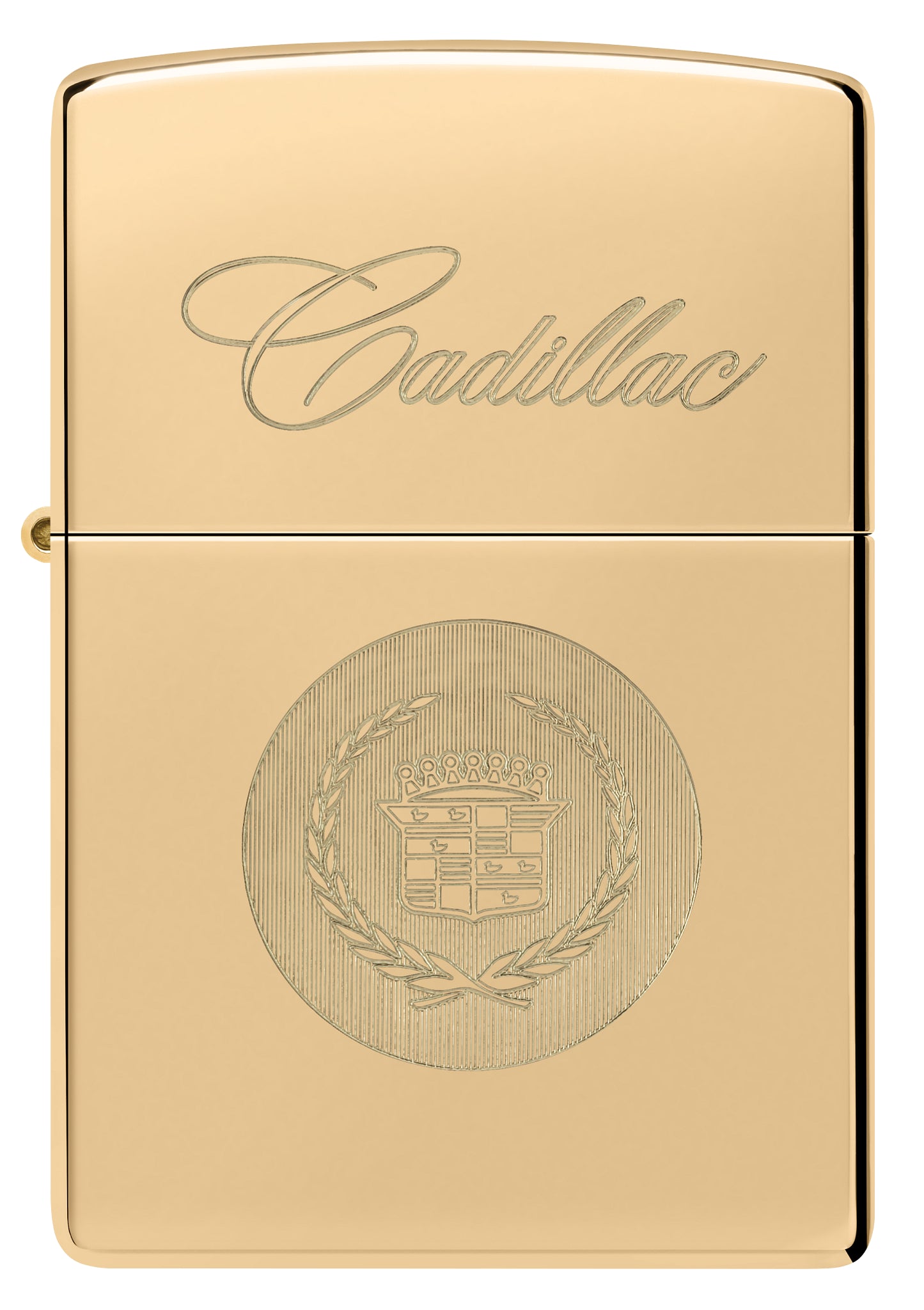 Front view of Zippo Cadillac® Crest High Polish Brass Windproof Lighter.
