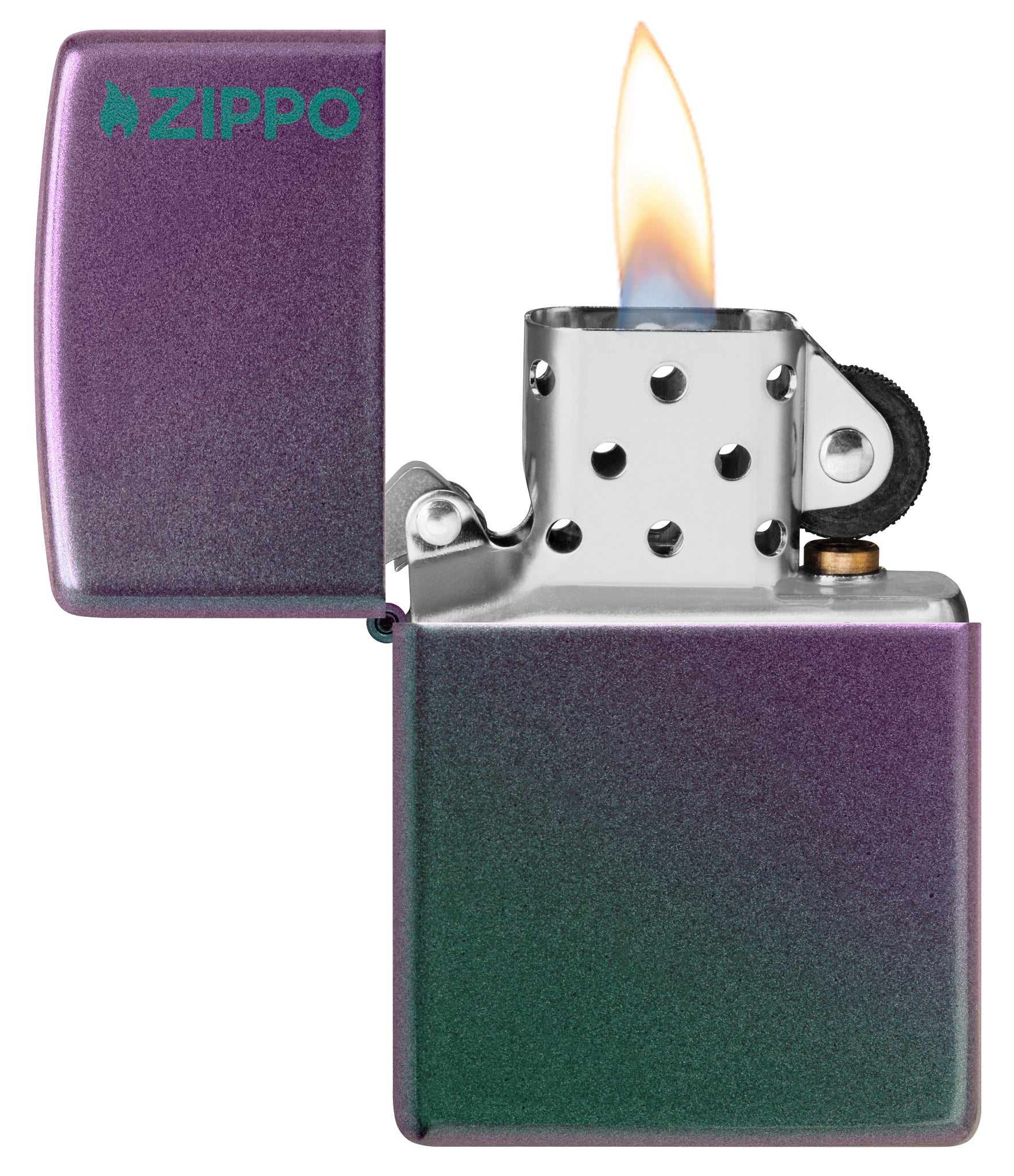 Classic Iridescent Zippo Logo Windproof Lighter with its lid open and lit.